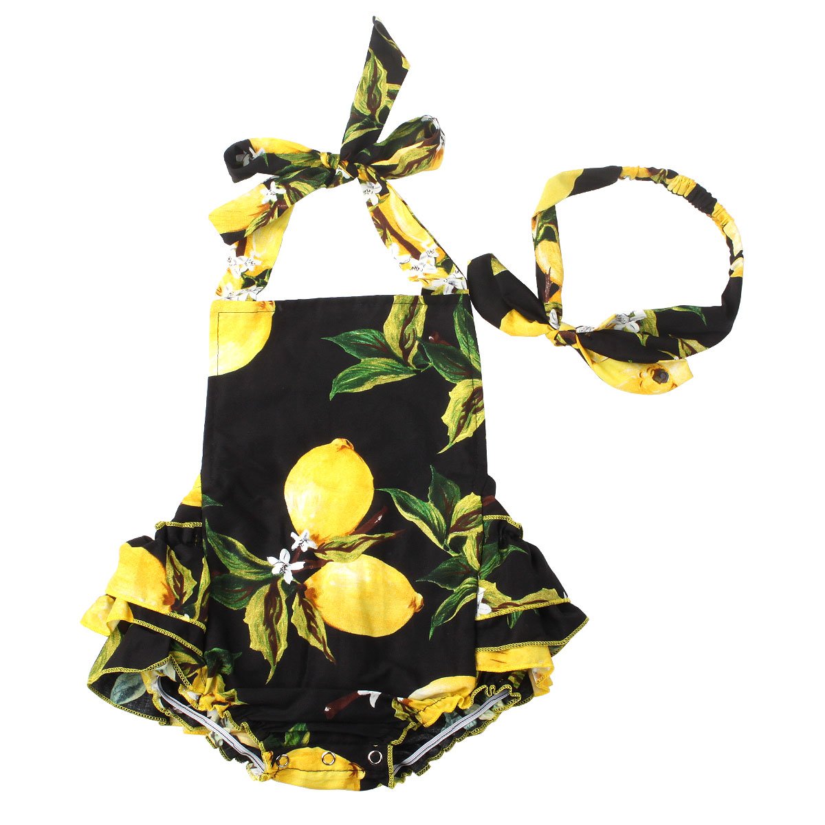 Baby Girls 2pcs Sets Cotton Ruffles Romper Outfits Clothes (M:12Months, Black Yellow Lemon)