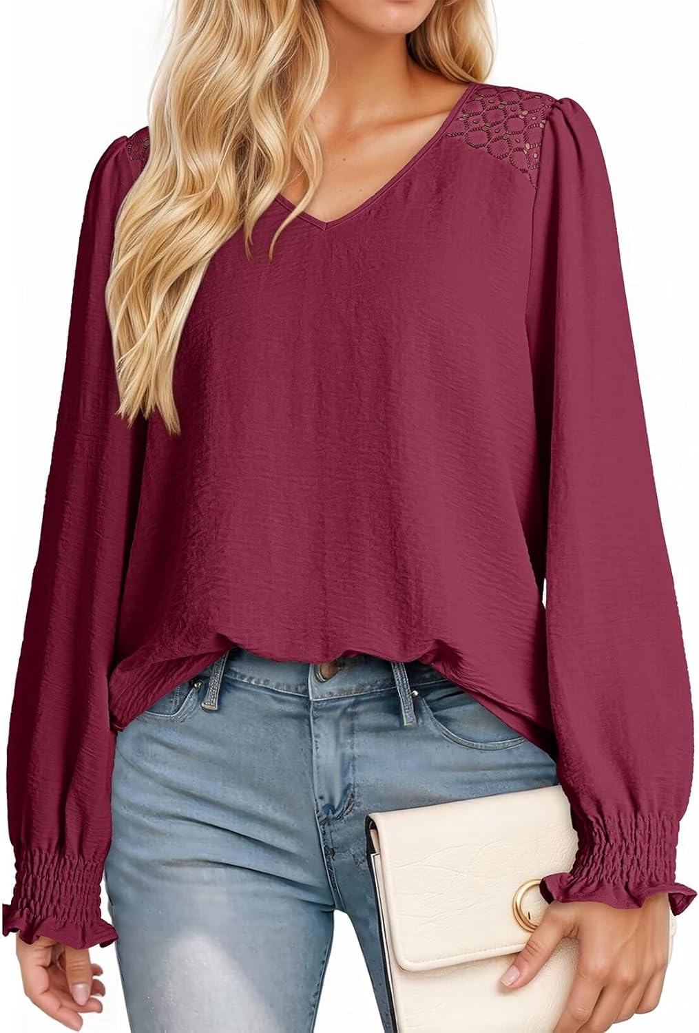 Dokotoo Womens Fall Fashion 2025 Business Casual V Neck Long Sleeve Lace Trim Tops with Smocked Cuffs Loose Blouses