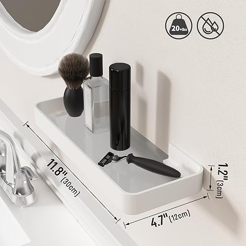 Miniatura 3 de Danpoo Estante de pared de 12 pulgadas, de vidrio templado transparente con marco de aluminio blanco mate Organizador flotante versátil para baño