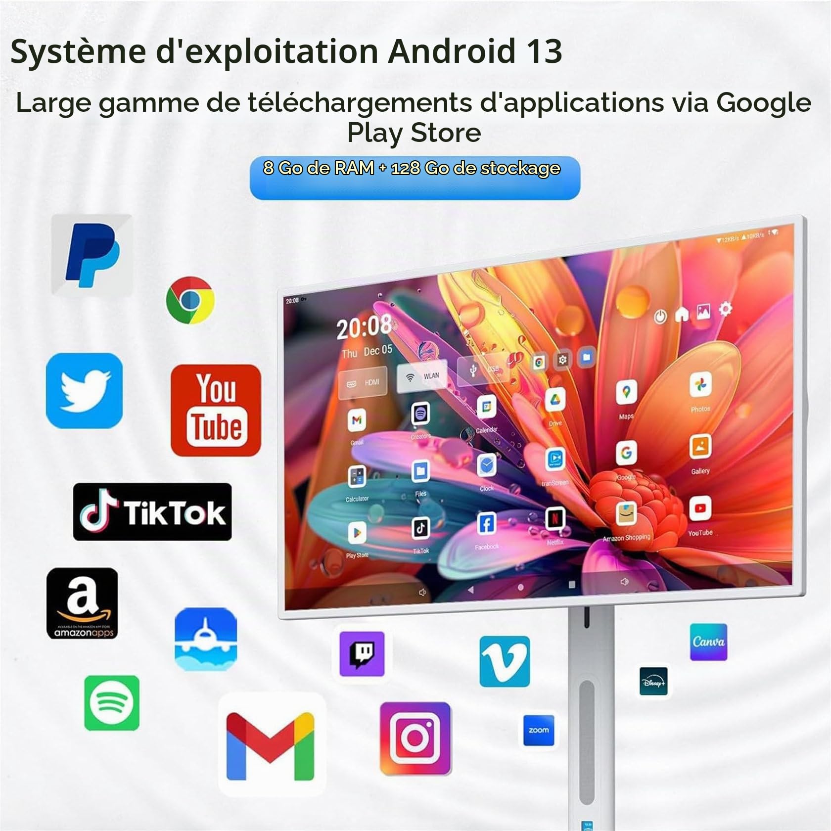 TéLéViseur Intelligent Portable 24, 27 Et 32 ​​Pouces, Support TV Mobile, Moniteur Tactile sur Pied, Moniteur Tactile 1080p sur roulettes avec TéLéCommande Et Rotation ComplèTe 24inch-4+64G