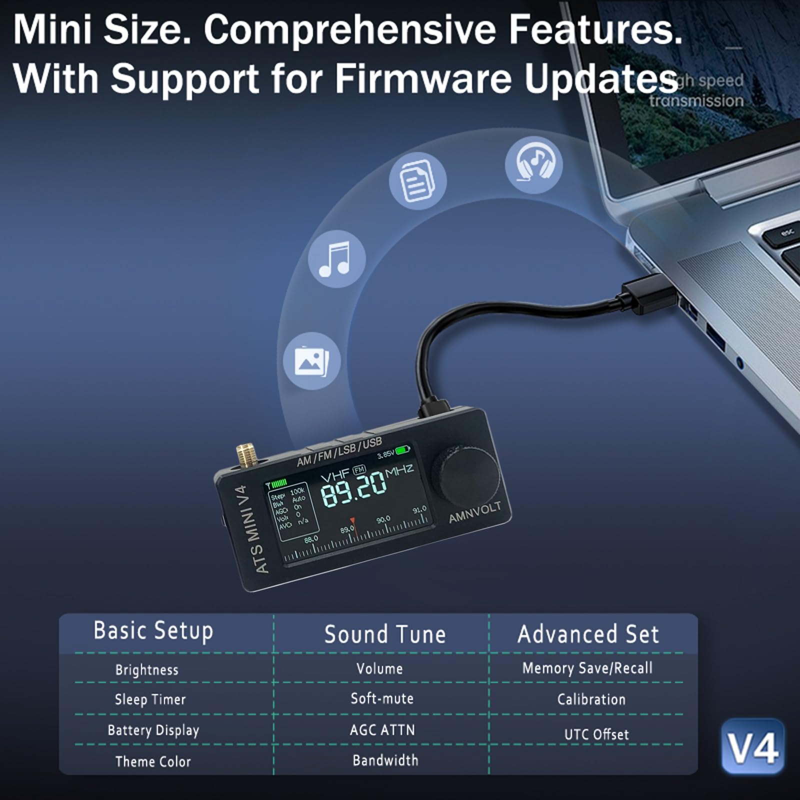 AMNVOLT V4 ATS MINI DSP Radio, Si4732 ESP32-S3 Full-Band Radio with Headphone Amplifier, 1.9" IPS Screen AM/FM/LSB/USB Receiver for Outdoor Adventures, Travel, and Daily Use - 4