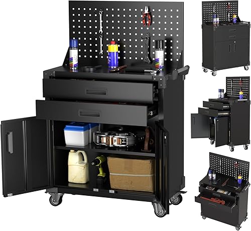 Miniatura 153 de Armario de almacenamiento de metal con tablero de clavijas de 31.5 x 31.5 x 16.5 pulgadas, armario de almacenamiento de acero con cerradura con 5