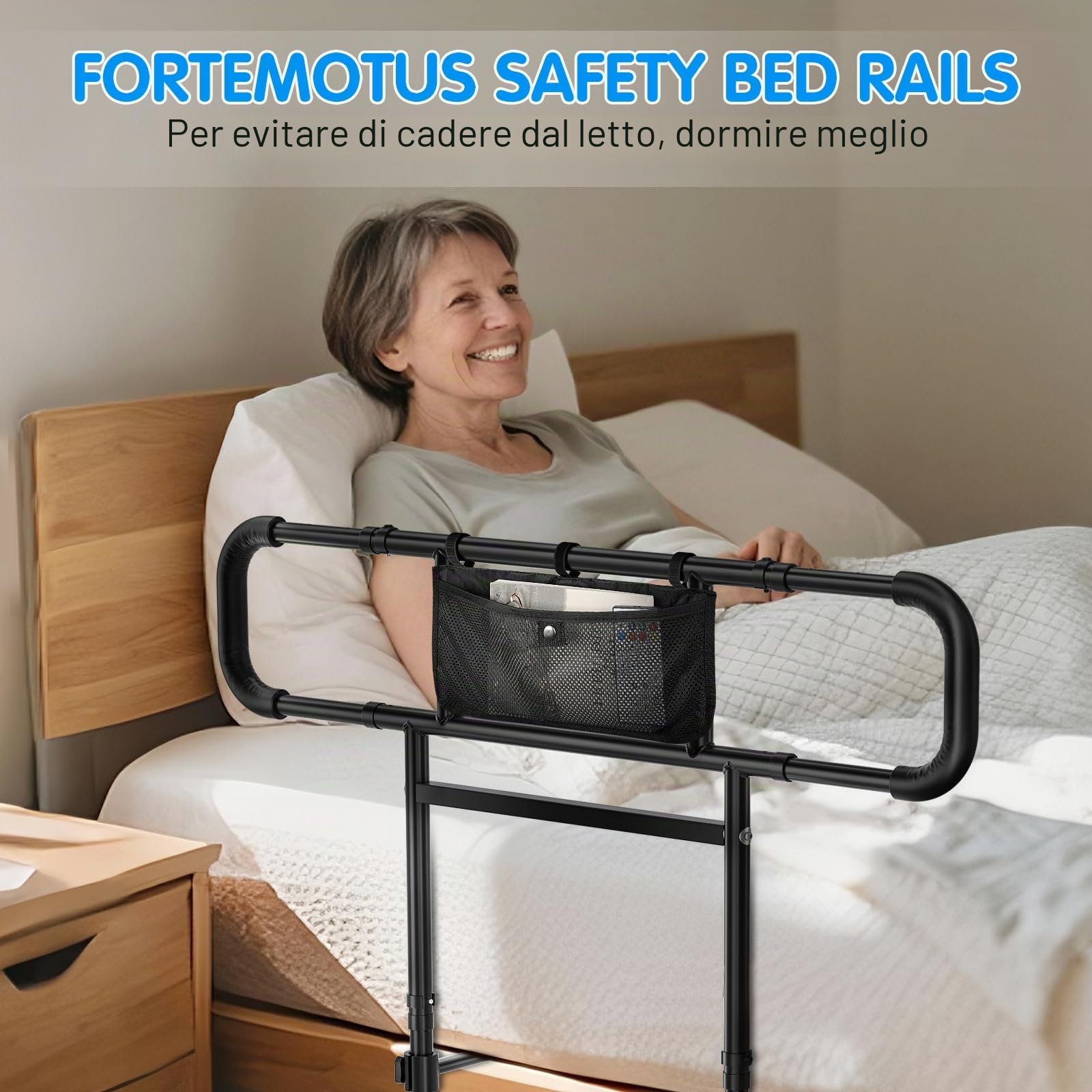 FORTEMOTUS Sponde Letto Anziani, Barriere per Letto Adulti Regolabile in Altezza Gambe, con Borsa, Maniglia di Sicurezza Supporto Alzarsi Disabili, L (Spessore Materasso 25-40 cm)