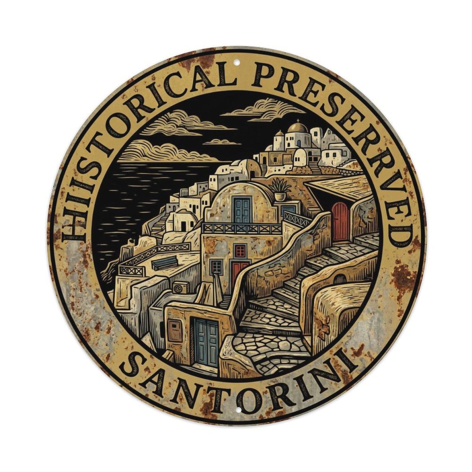 Vintage Travel Historical Santorini Preserved Metal Tin Sign