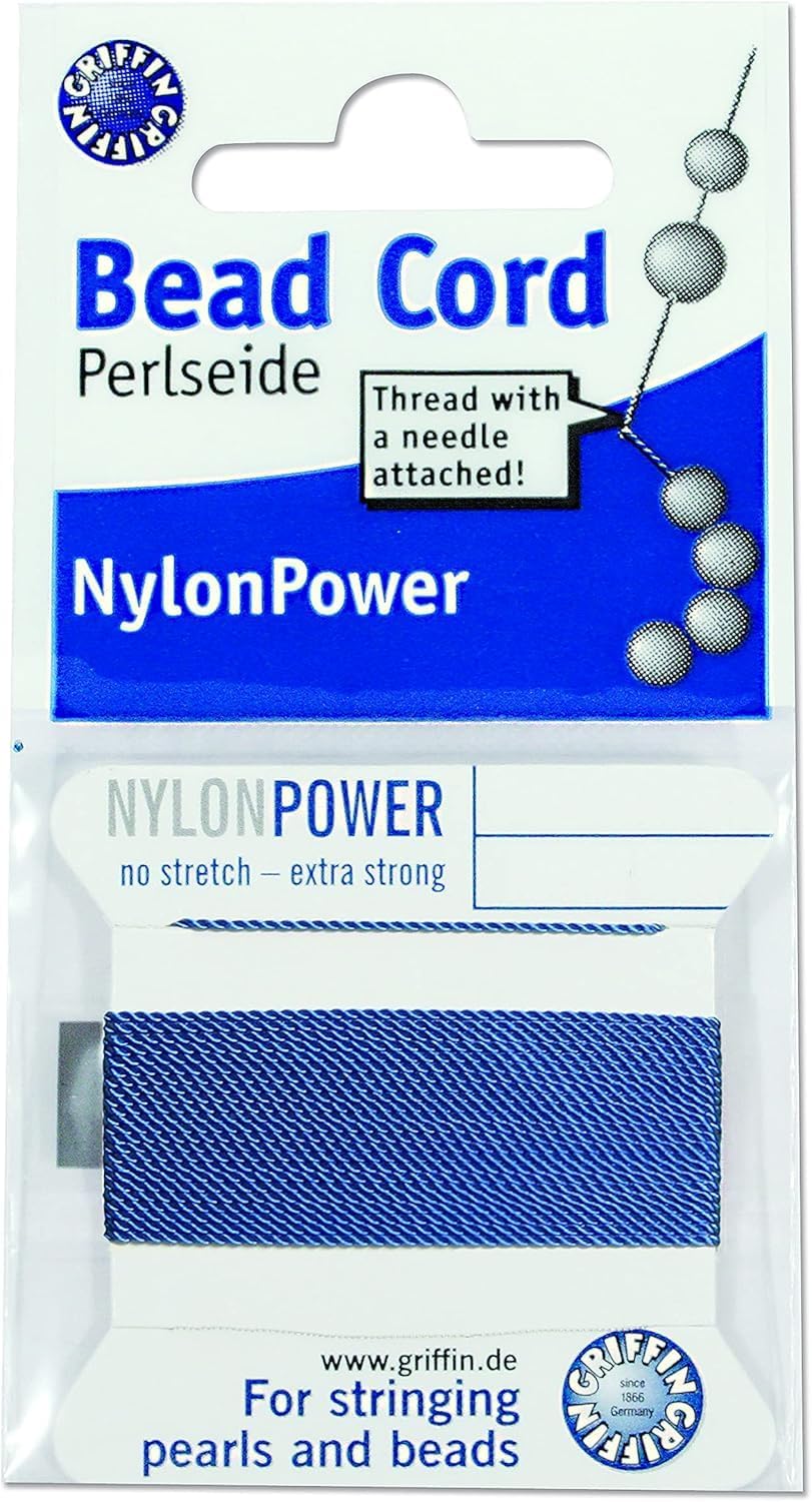 Griffin Bead Cord Nylon Blue #4 - Griffin NylonPower with Stainless Steel Needle Attached – for Knotting Pearls, Gemstones, Crystals and Beads