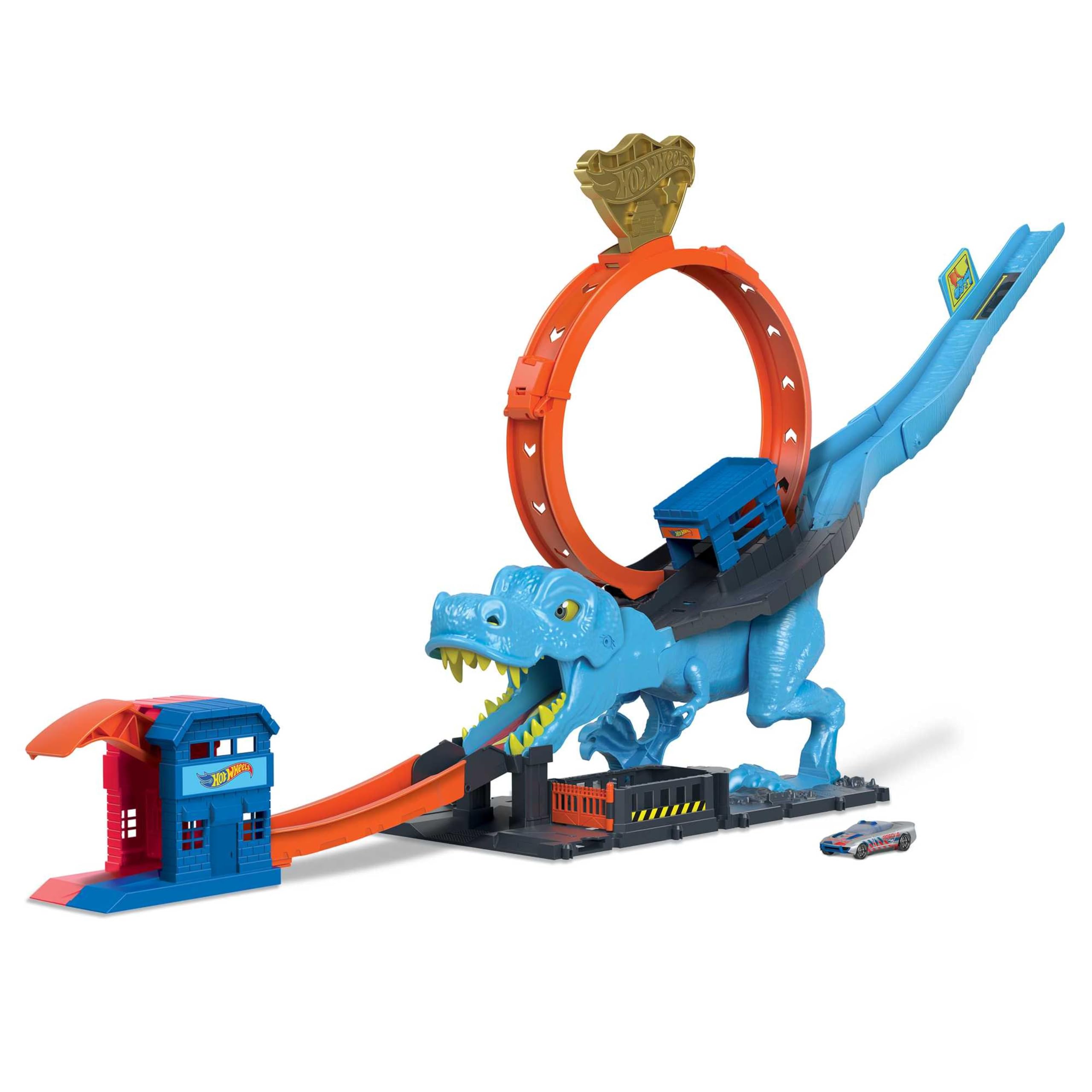 Hot Wheels Autorennbahn T-Rex Angriff, Geschicklichkeitsspiel mit Looping Track, Auto Spielzeug ab 4 Jahre, HNP77