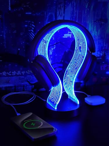 Soporte de auriculares iluminado con 16 luces de color, soporte de auriculares acrílico con patrón de PCB con 1 puerto de carga USB y 1 tipo C,