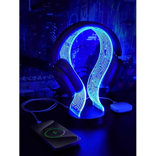 Light Up Headphone Stand with 16 Color Lights, PCB Pattern Acrylic Headset Stand with 1 USB and 1 Type-C Charging Ports, Gifts for Gamers Men and Music Lovers