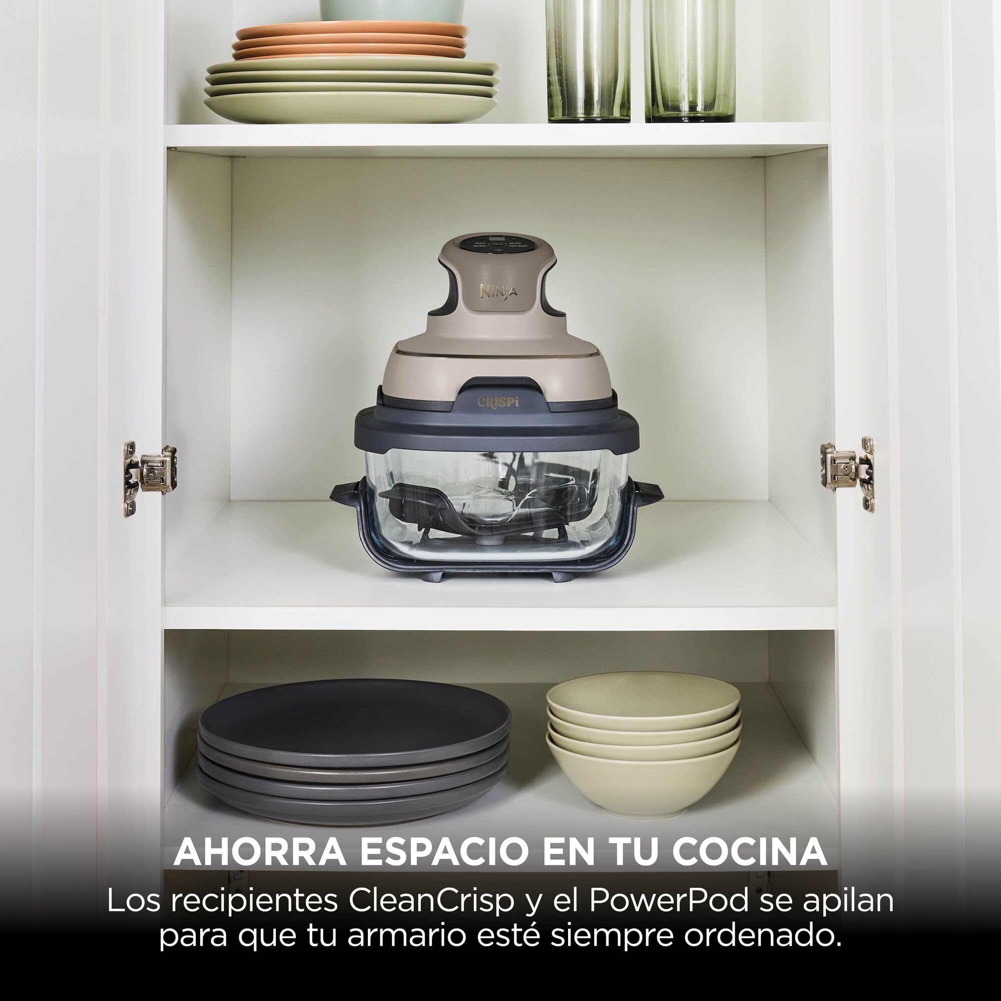 Ninja CRISPi Freidora de aire portátil, 3,8 l, 4 en 1, freír con aire, asar, mantener caliente y gratinar, incluye 2 recipientes de vidrio extraíbles y tapas, piedra dorada, FN101EUSTGD