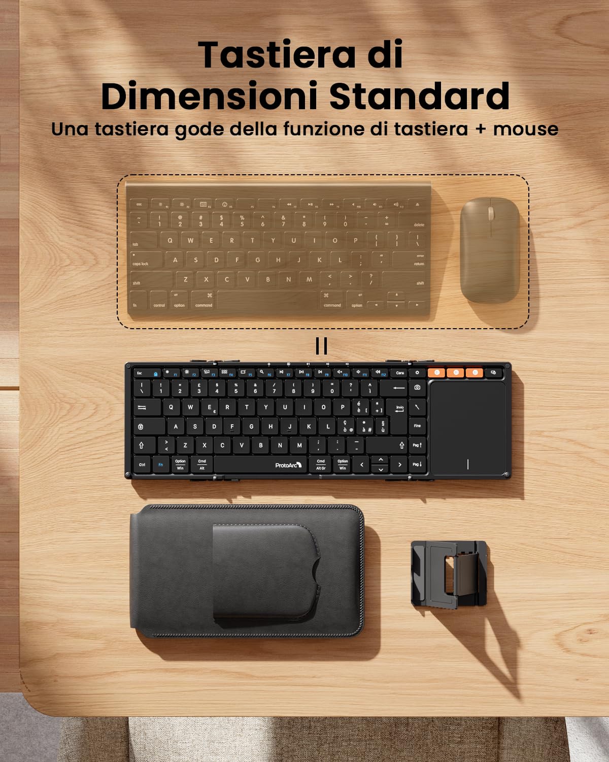 ProtoArc Tastiera Bluetooth Pieghevole, XK01 TP Grande Tastiera Wireless Layout Italiana con Touchpad, Tastieras iPad Portatile Viaggio per iOS, Android, PC Tablet Windows - Nero
