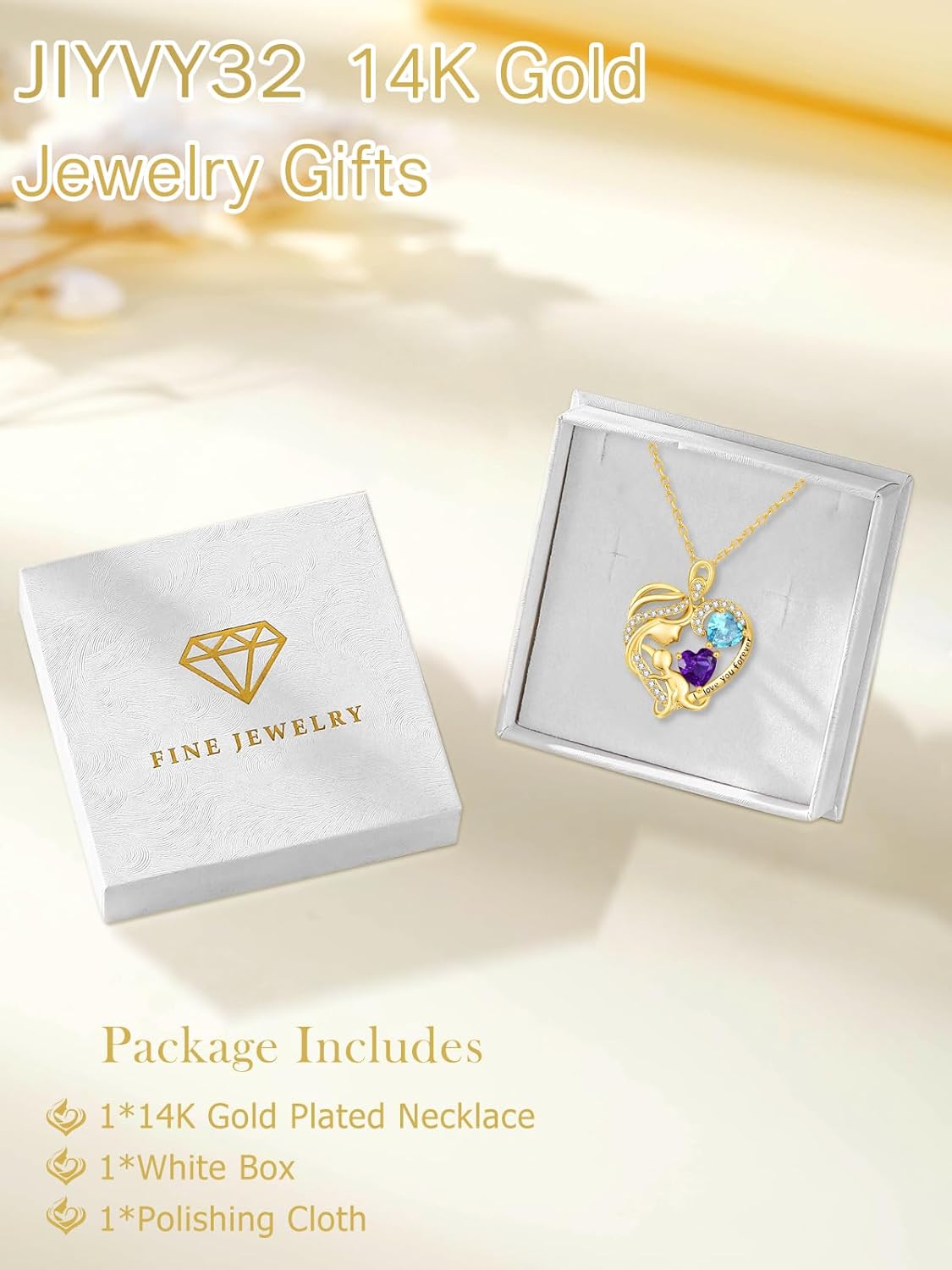 14K Gold Double Birthstone Heart Necklace for Women Mom, Mother Son/Daughter Pendant Necklace for Christmas Mother's Day Birthday Gifts for Wife Daughter Grandmom - Image 6