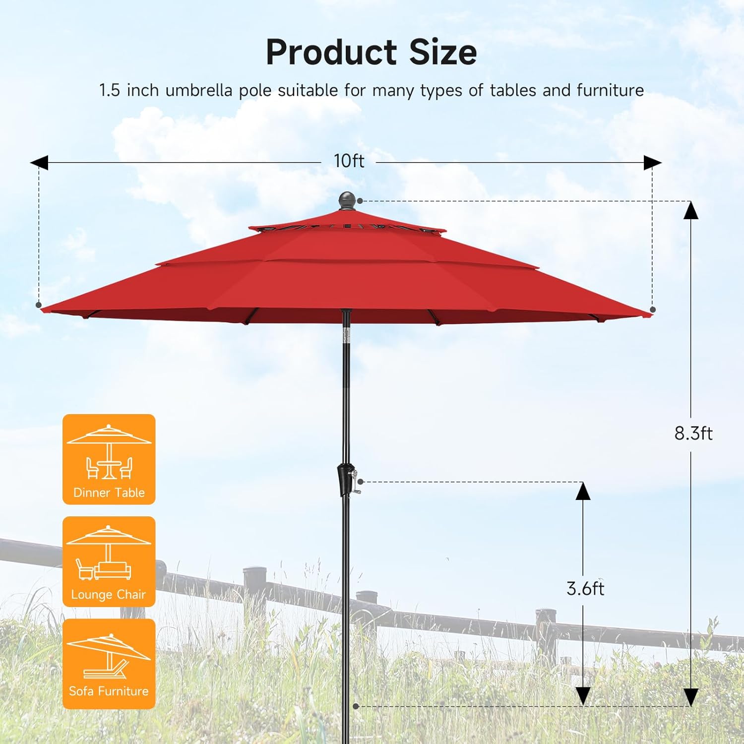 ONBRILL 10 FT Patio Umbrella, 3 Tier Outdoor Table Umbrella with 8 Sturdy Glass Fiber Ribs and Push Button Tilt, Outdoor Patio Umbrellas for Market Pool Garden Backyard, 1.5" Pole, Red (No Base)