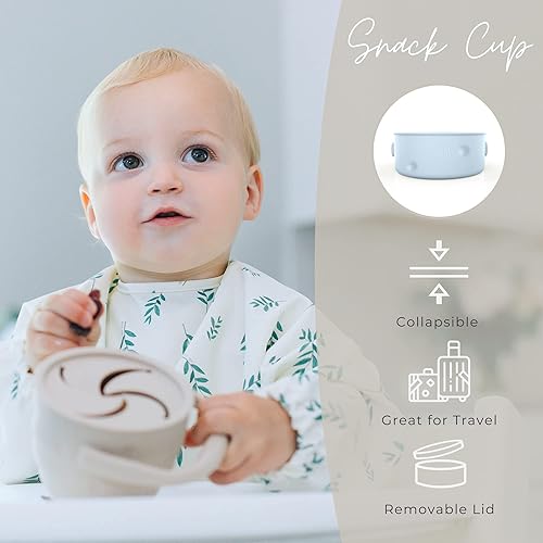 Vista 6 de Little Keegs Juego de alimentación para bebés, color azul polvoriento, 8 piezas, silicona sin BPA, apto para microondas y lavavajillas