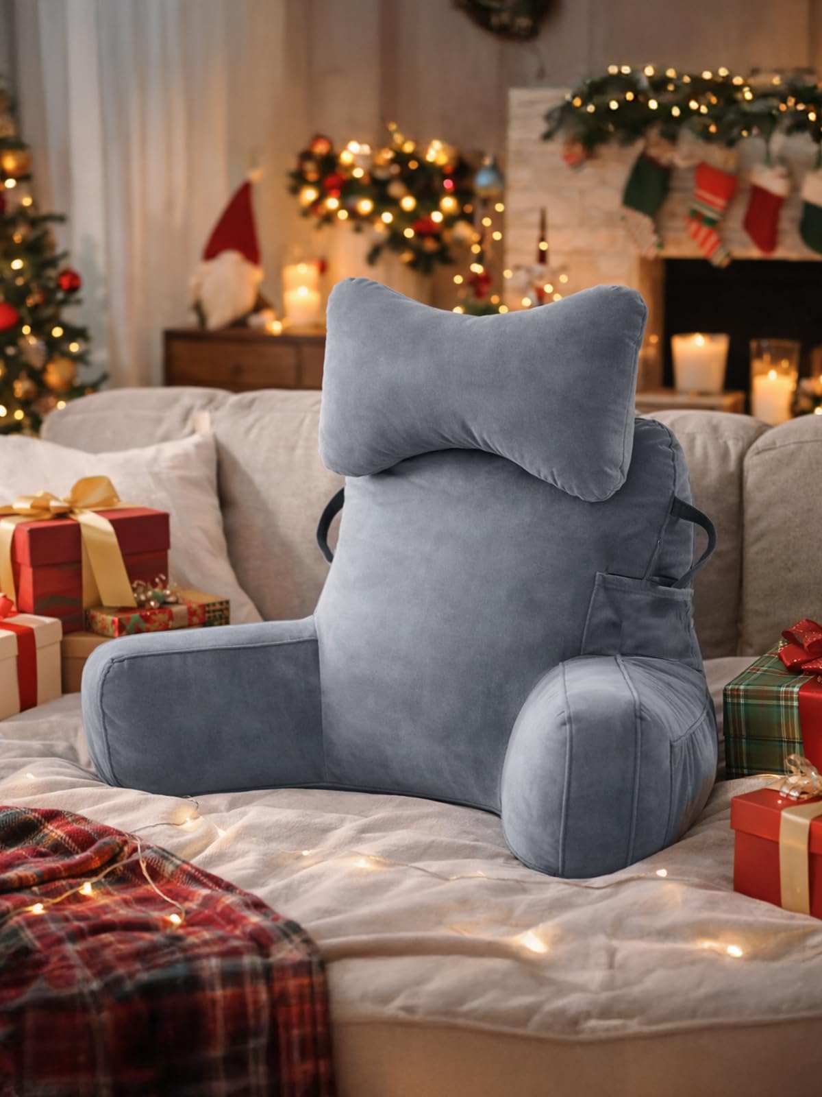 Lesekissen für Bett Erwachsene, Rückenkissen mit abnehmbarer Nackenrolle & hohen Armlehnen, (60-105) x 88 x 40 cm Bettkissen Rückenlehne zum Sitzen im Bett, Sofa, Lesen, Fernsehen,Grau (Grau, XL)