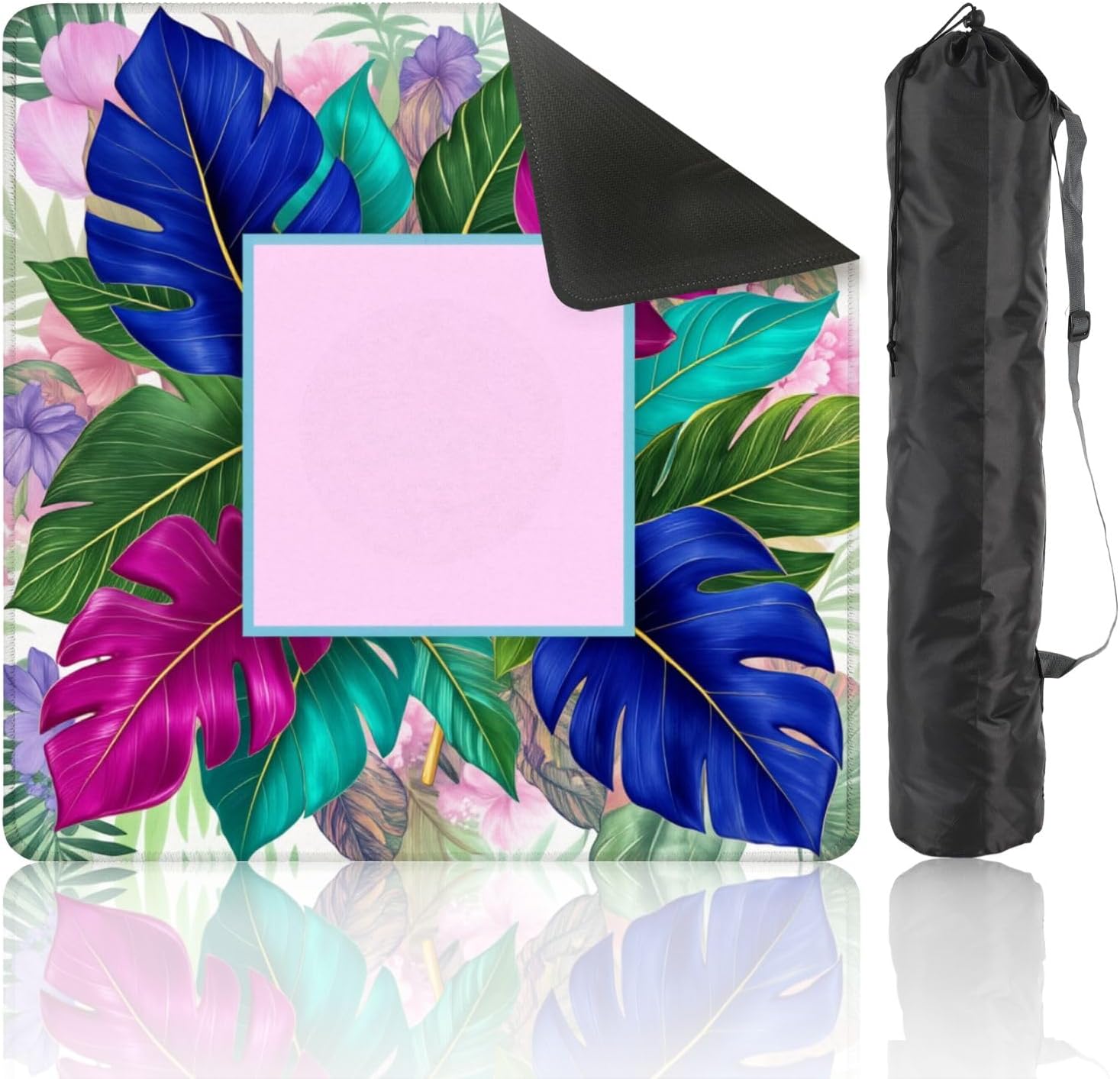 Mahjong Mat with Carrying Bag 31.5" x 31.5" Non-Slip Noise Reduction Vibrant Tropical Leaves Colorful Blue Pink Green Foliage Table Mat for Mahjong Poker Dominoes Card Board Tile Games