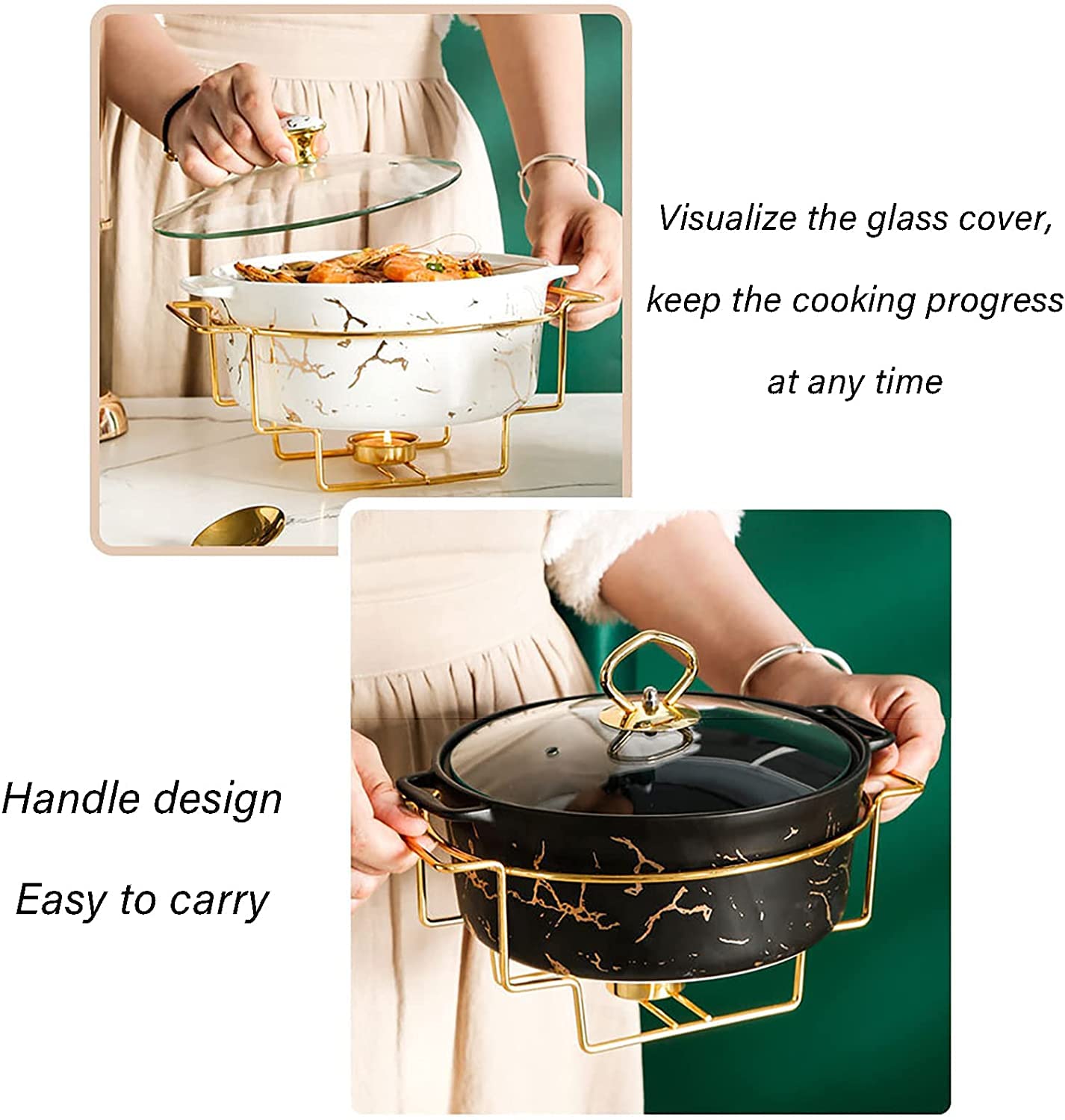 Set da Buffet con Scaldavivande Rotondo da 2 Quart, Chafer in Ceramica con Coperchio in Vetro, Chafer e Scalda Buffet per Feste di Matrimoni a Buffet (Color : White, Size : A)