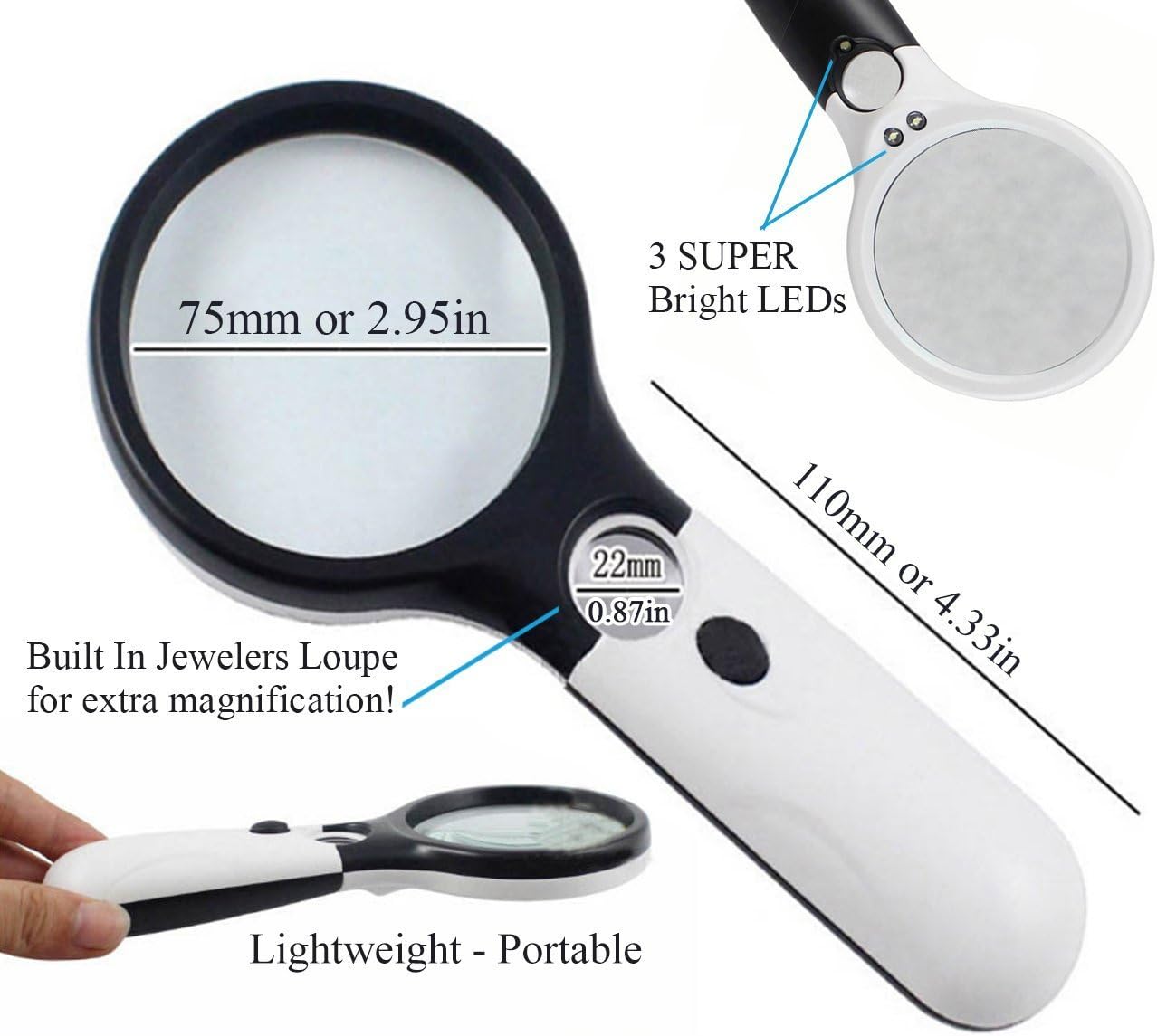 BEST Magnifying Glass with 3 LED Light, Handheld Portable Magnification 3x, 45x BONUS Microfiber Carry Bag by Illumizoom