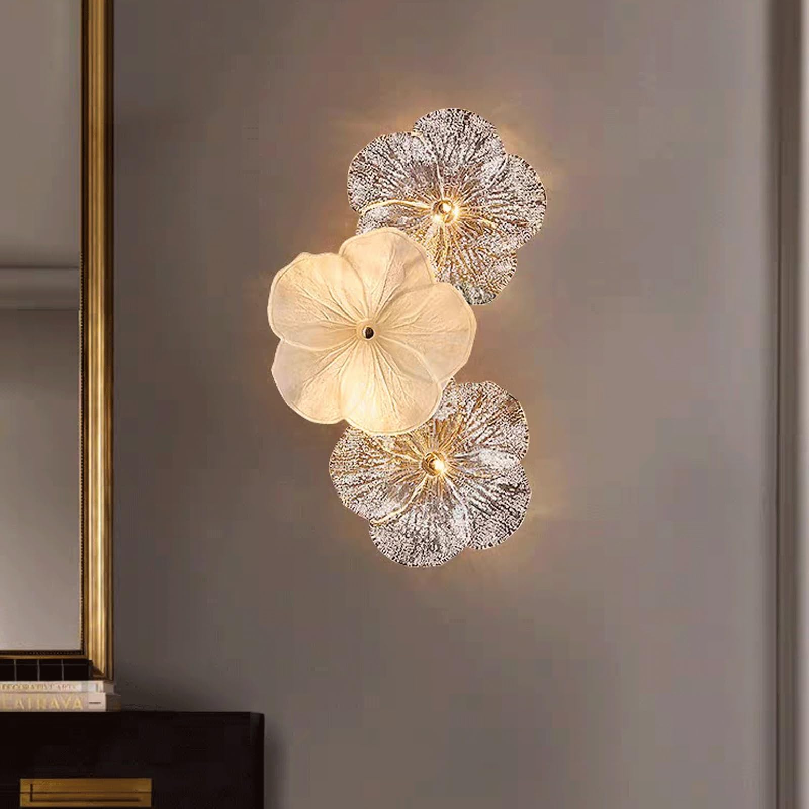 Applique da Parete Creativa con Paralume in Vetro a Forma di Fiore, Lampada da Parete di Lusso for Camera da Letto, Soggiorno, corridoio, luci da Parete(19x33cm)