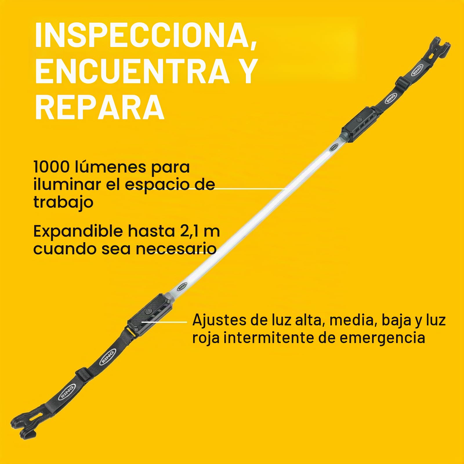 Ring Automotive RUBL1500 - Luz de trabajo recargable de 1000 lúmenes flexible debajo del capó con soporte magnético, carga USB-C, 3 modos de luz, modo de flash de emergencia, color negro