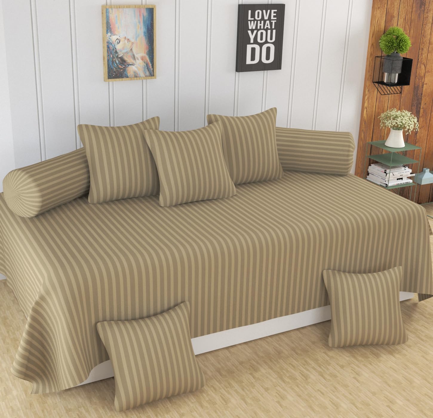 Homefab India 160 TC Stripe Glace Cotton Diwan Set - 8 Piece - Beige