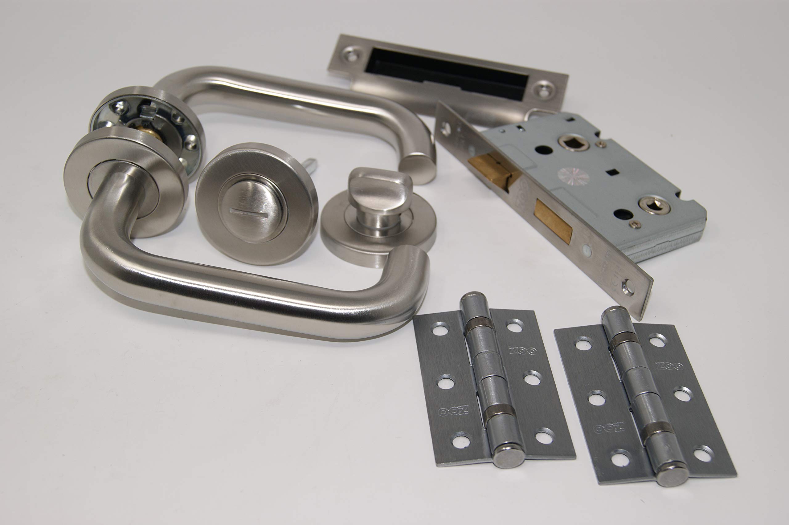 ArcWare Architectural LimitedD Shape Lever Door Handle Bathroom Set with Hinges - Satin Stainless Steel