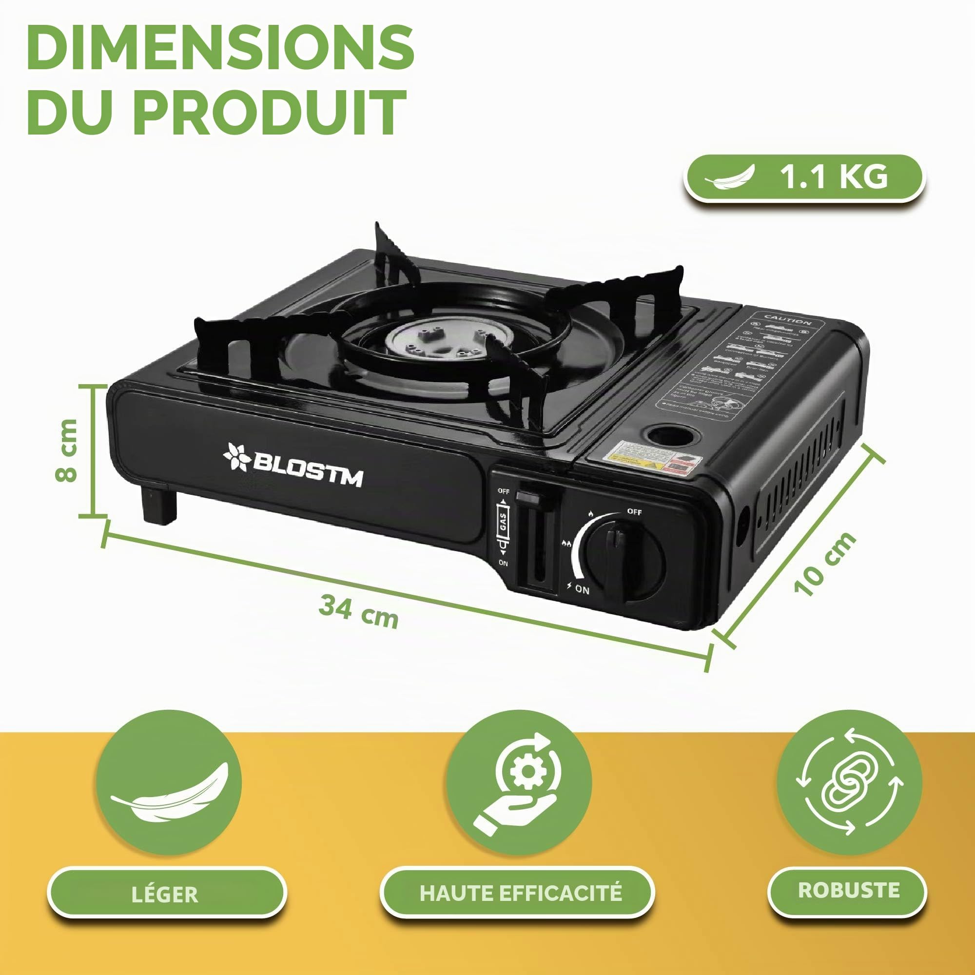 BLOSTM Réchaud à gaz portable de camping – Réchaud de camping à brûleur unique avec système d'allumage automatique, contrôle de la température, utilisation avec butane ou GPL, petite plaque de cuisson