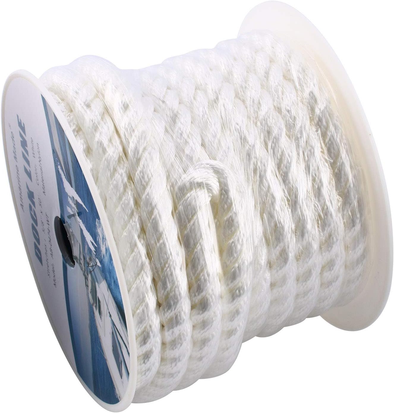 Amarine Made 5/8 inch 50 feet 3 Strand Twisted Nylon Rope Dockline Multipurpose Utility Line - Alkali and Weather Resistant - Crafts, Towing, Dock Line (White)