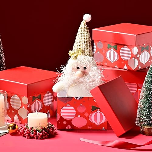 Vista 38 de PAPER FAIR Juego de 5 cajas de regalo de Navidad, papel de aluminio dorado verde árbol de Navidad cuadrado plano caja anidada de cartón con tapa