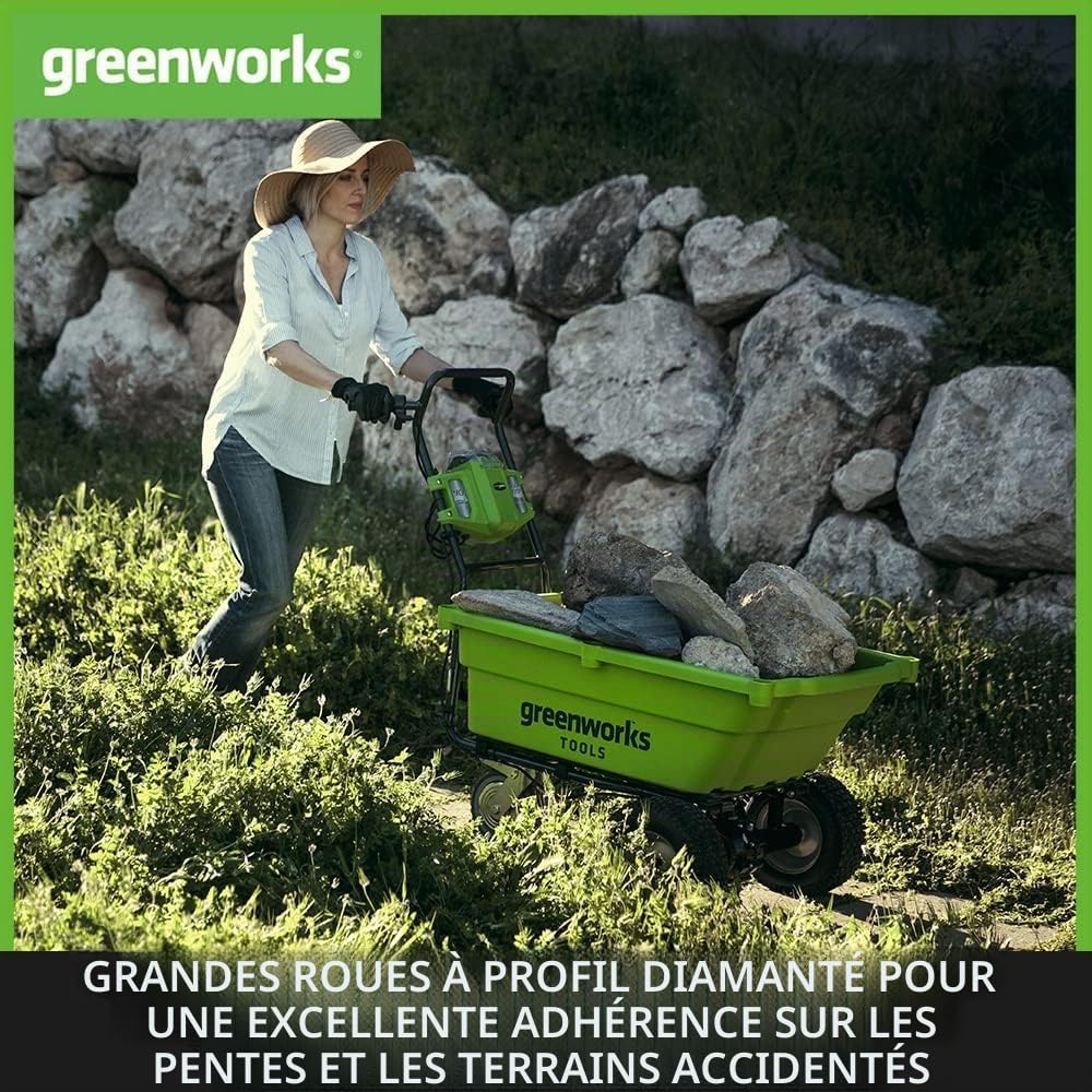 Greenworks G40GC Chariot/brouette électrique autotractée 106L/100kg, basculement Facile, sans Batterie/Chargeur + Kit 40V 4Ah + Chargeur 2A GSK40B4 + Batterie 40V 5Ah G40B5