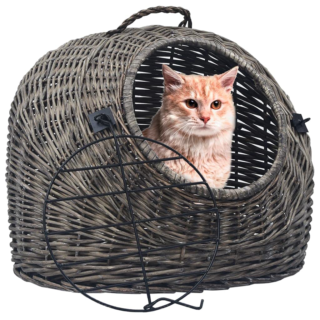 Katzen Transportkorb aus Naturweide Grau 45x35x35 cm, mit Tür und Schlaufe, für Katzenbox Tiertransport Reise Tierarzt, Tragetasche für Haustierbox