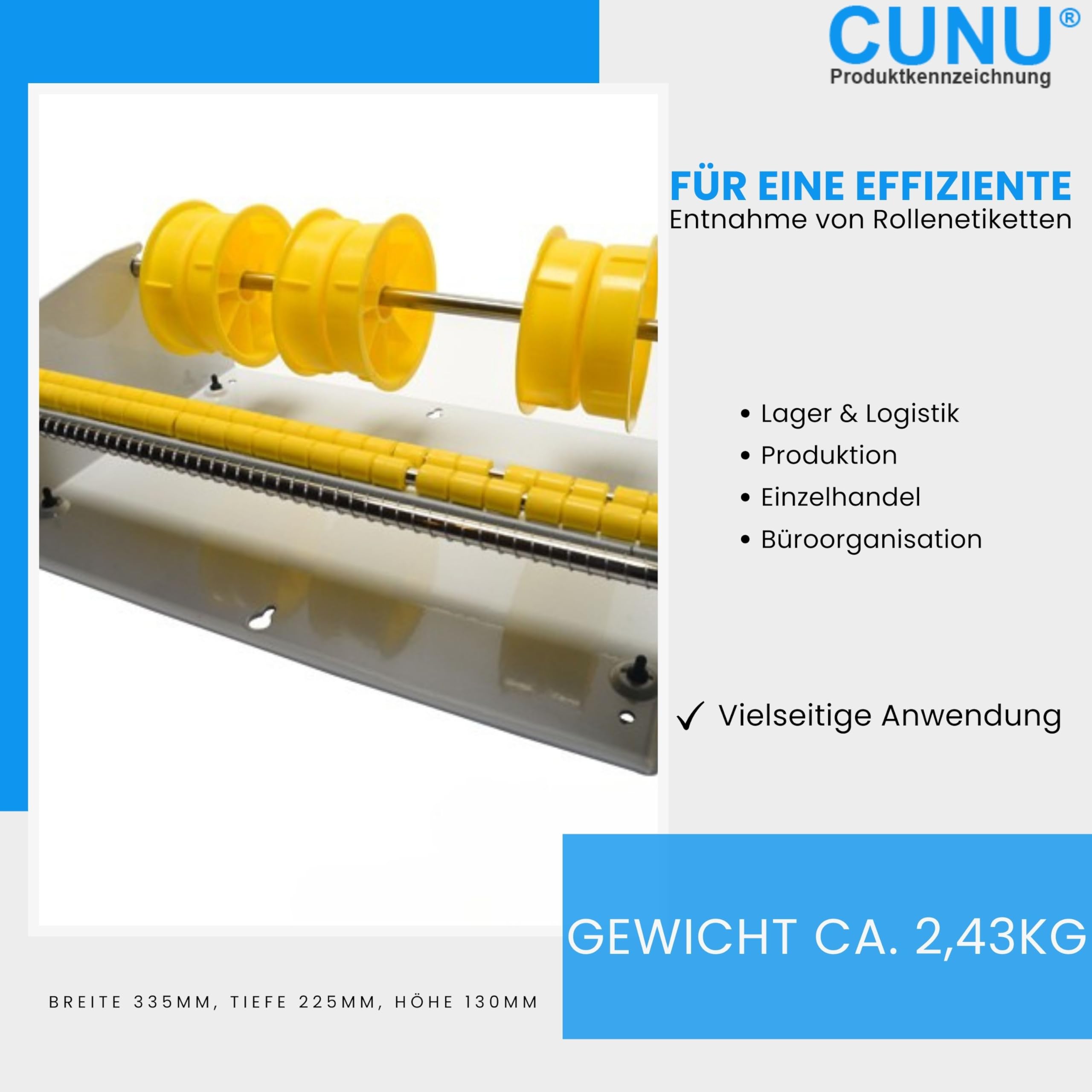 Etikettenspender manuell für max. 317mm breite oder mehrere Etikettenrollen - Großer Etikettenrollenspender für Etiketten, Label, Rollenetiketten, Haftetiketten, Klebepunktetiketten