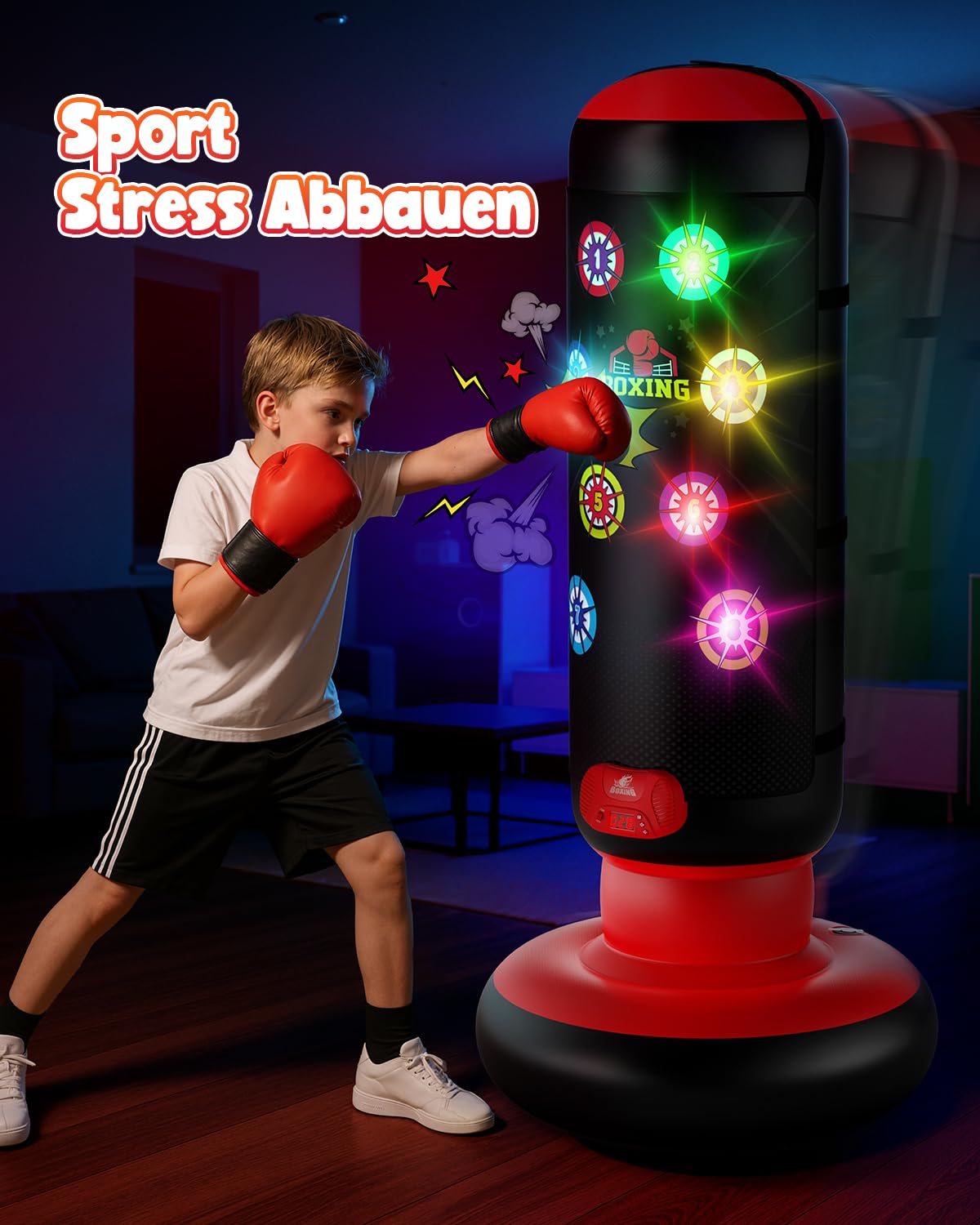 Saco de boxeo para niños, saco de boxeo de pie con música y luz, saco de boxeo interactivo, saco de boxeo hinchable con guante de boxeo, regalos para 6, 7, 8, 9, 10, 11, 12 años, niños, 2026