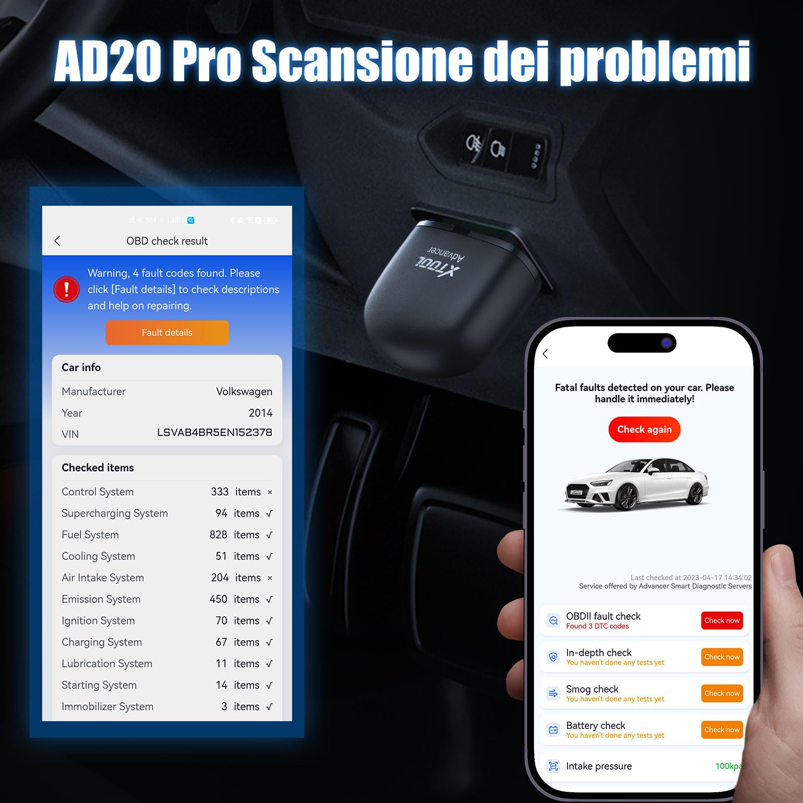 XTOOL AD20 Pro OBD2 Auto Diagnostica Wireless Diagnosi Italiano per iOS e Android, Diagnosi Auto Professionale con Scansione Completa dei Sistemi, aggiornamento a vita