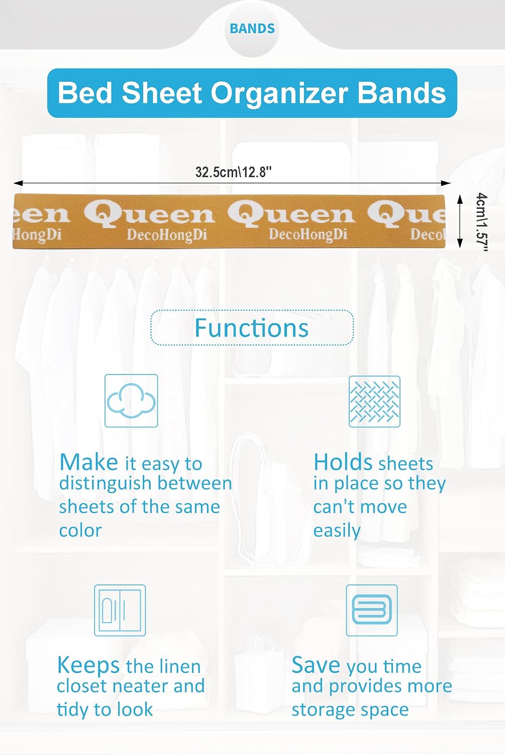 6Pcs Sheet Label Bands,Bed Sheets Organizer Bands Queen Sheet Sizes Label,Bed Sheet Set Elastic Organizer Band for Linen Closet Labels,Dyed Jacquard Sheet Keeper Straps in Quality image 2