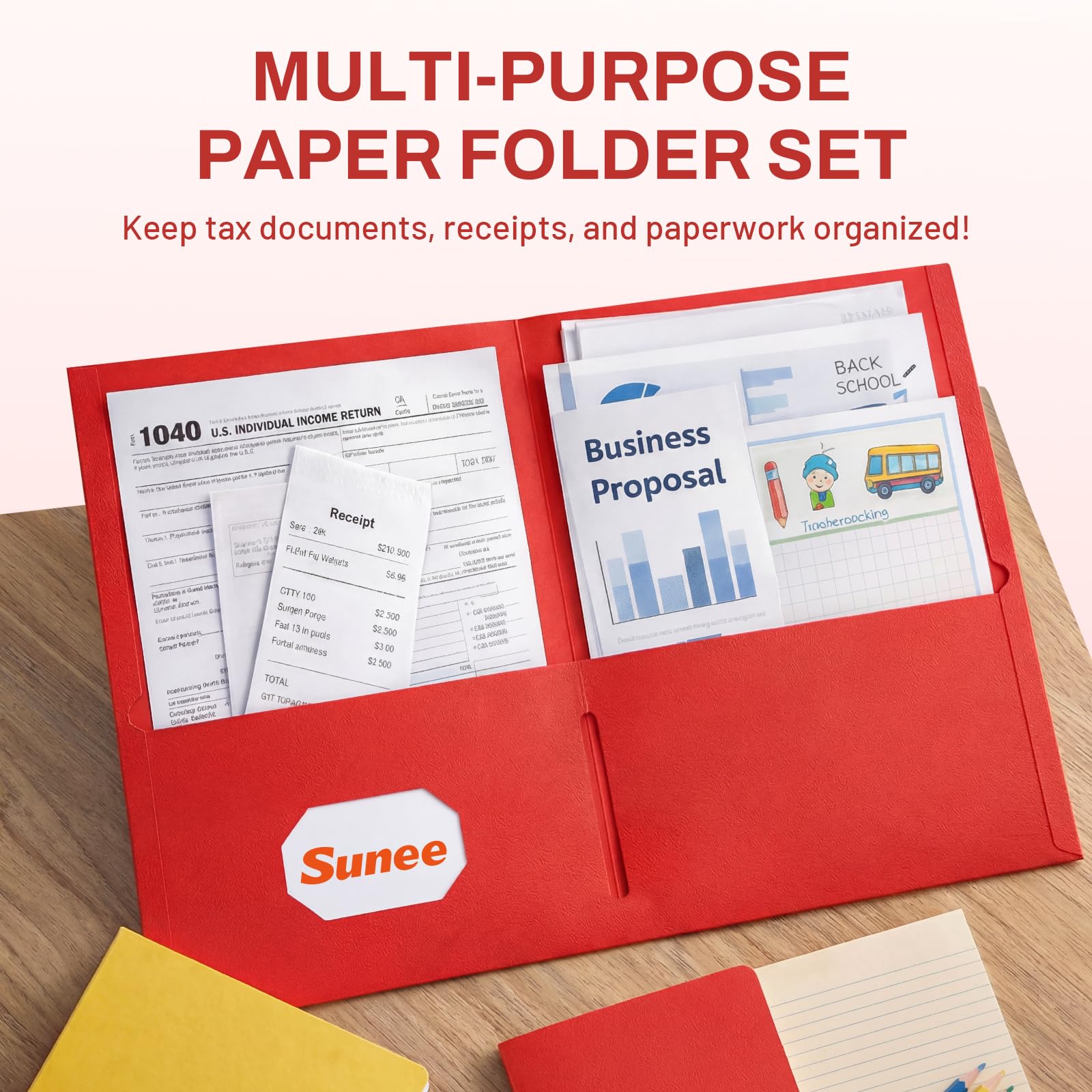 SUNEE Carpetas con bolsillos (paquete de 125, rojo), carpetas de 2 bolsillos para papel de tamaño carta, carpeta de archivos de papel para escuela, oficina, hogar, negocios