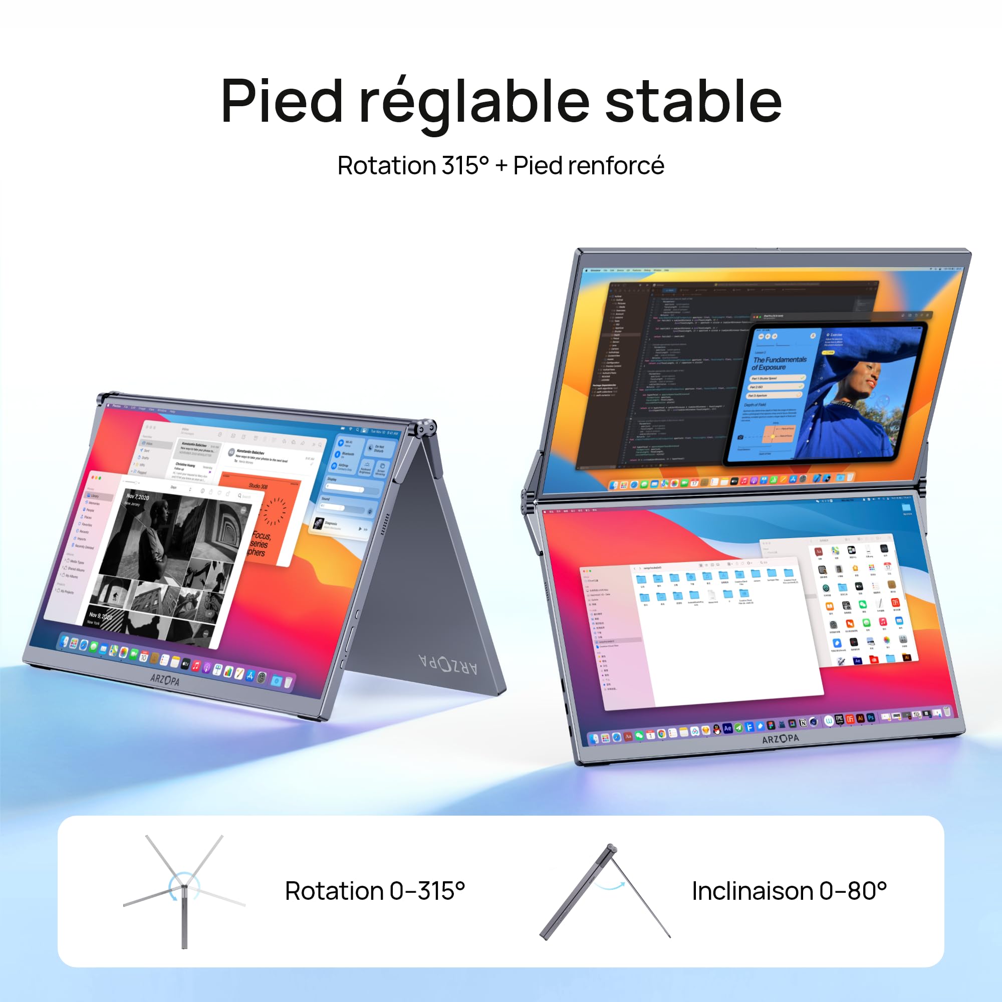 ARZOPA Moniteur Portable Double 15,6" Écran FHD IPS 100% sRGB, Pliant Extension pour Laptop, USB-C & HDMI avec Réglable, pour Mac PC Windows Gaming Télétravail Bureau Voyage-E1