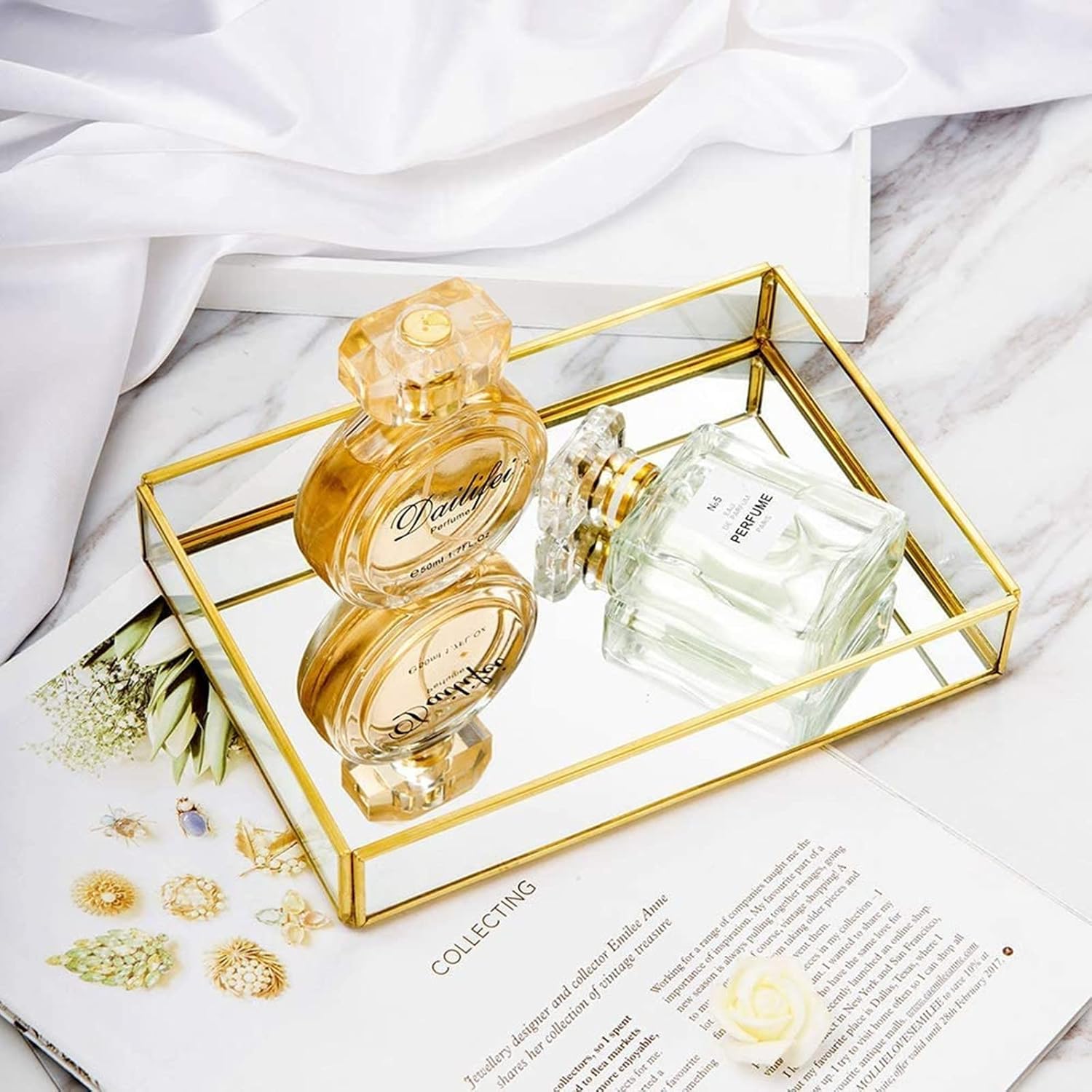 Lyellfe 2 Pack Perfume Trays, Gold Vanity Tray, Decorative Gold Mirror Tray, Non Slip Rectangular Perfume Tray, Jewelry, Bathroom
