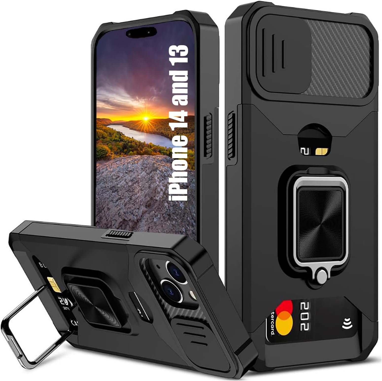 for iPhone 14 Case,iPhone 13 Case with Card Holder and Slide Camera Cover,360° Rotate Ring Kickstand Heavy Duty Protective phone case for iPhone 14 Cover& iPhone 13 Cover -Black