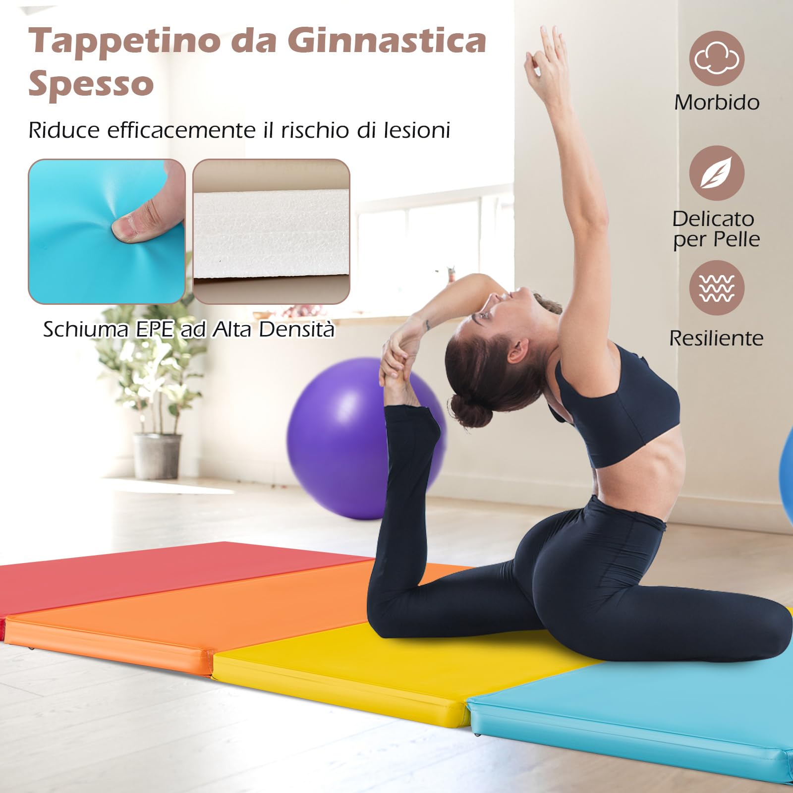 GYMAX Tappetino da Ginnastica Pieghevole a 3 parti, Tappetino Portatile con Velcro, Materasso da Allenamento con Maniglie Portatili per Bambini e Adulti, Tappetino Allenamento
