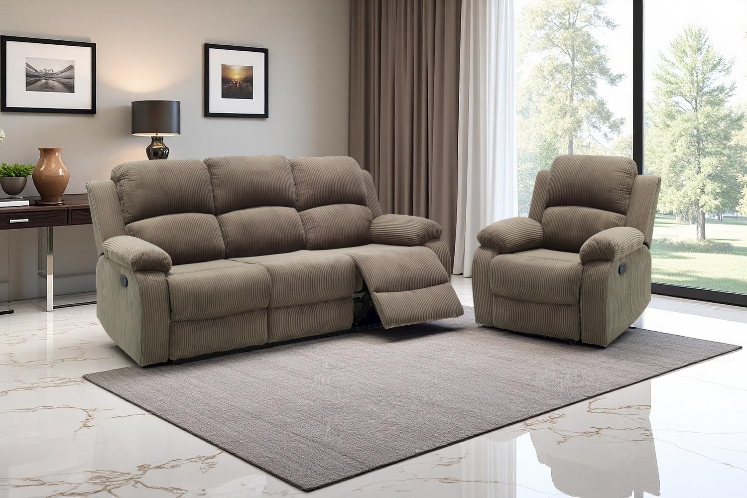 Corduroy Sofa Sets, Living Room Furniture Sets with Storage, Manual Recliner Couches Set, Reclining Sofa Couch and Chair Furniture Set for Living Room/Rv/House/Office, Taupe