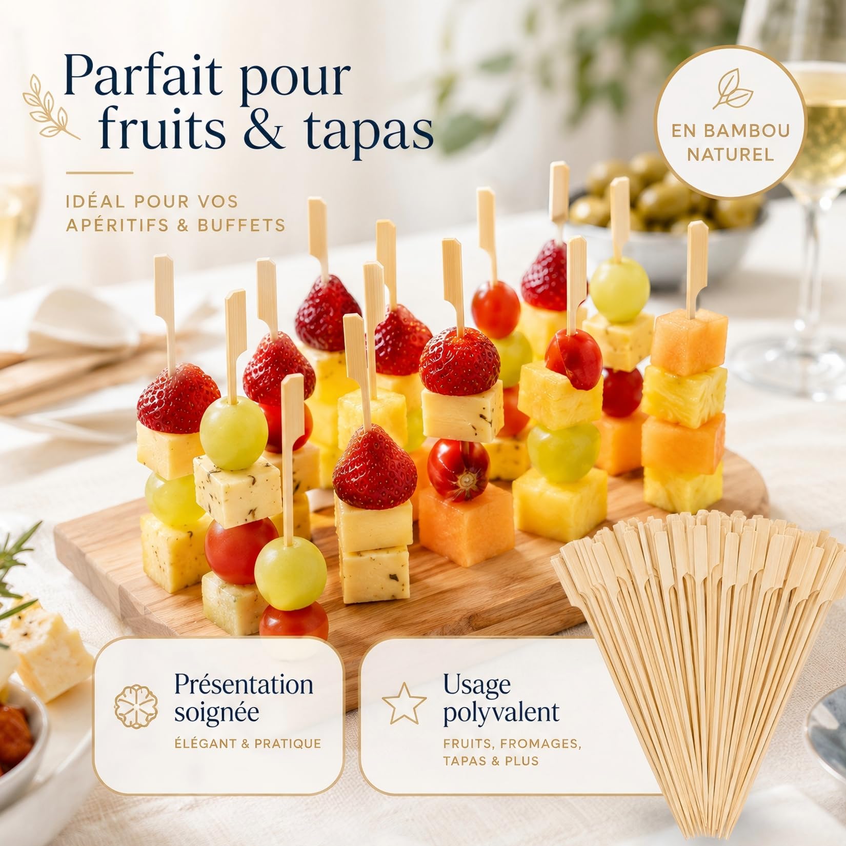 Lot de 100 Pics Brochette en Bambou 15 cm, Bâtonnets Naturels pour Barbecue, Bâtonnets Cocktail, Piques Apéritif Et Barbecue, pour Fruits, Viandes Et Tapas
