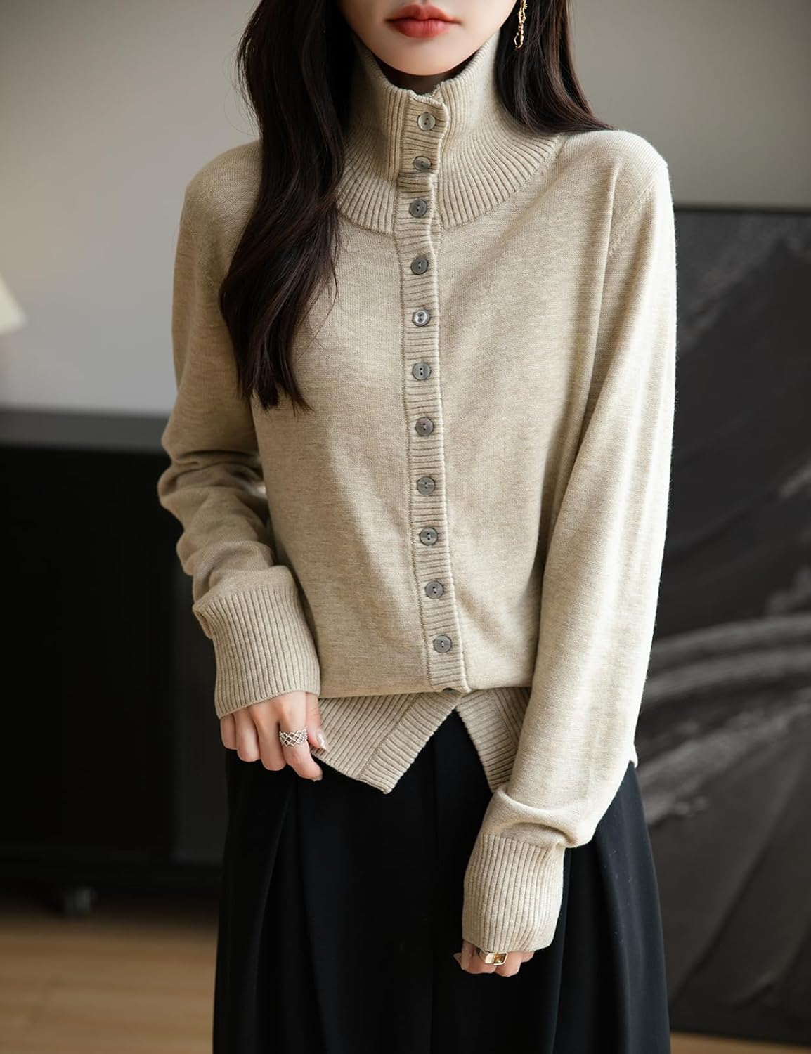 Women's Merino Wool Blend Cardigan 2025 Fall Winter Casual Mock Neck Long Sleeve Knit Cardigan with Buttons - Image 3