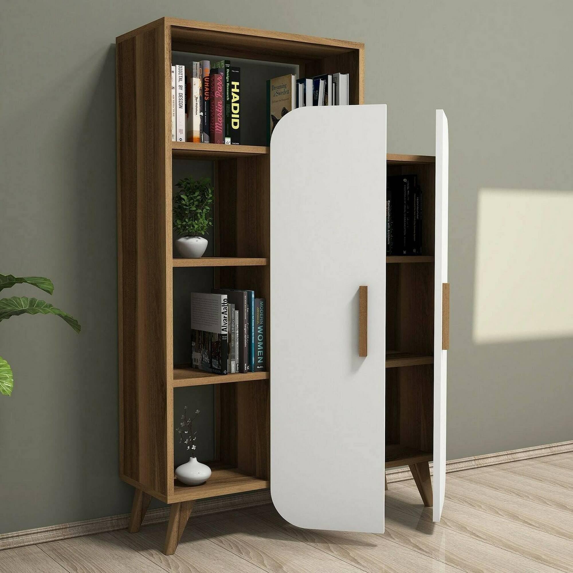 Dmora - Credenza Capella, Buffet da soggiorno, Madia da salotto, Dispensa da cucina, 90x32h132 cm, Noce e Bianco