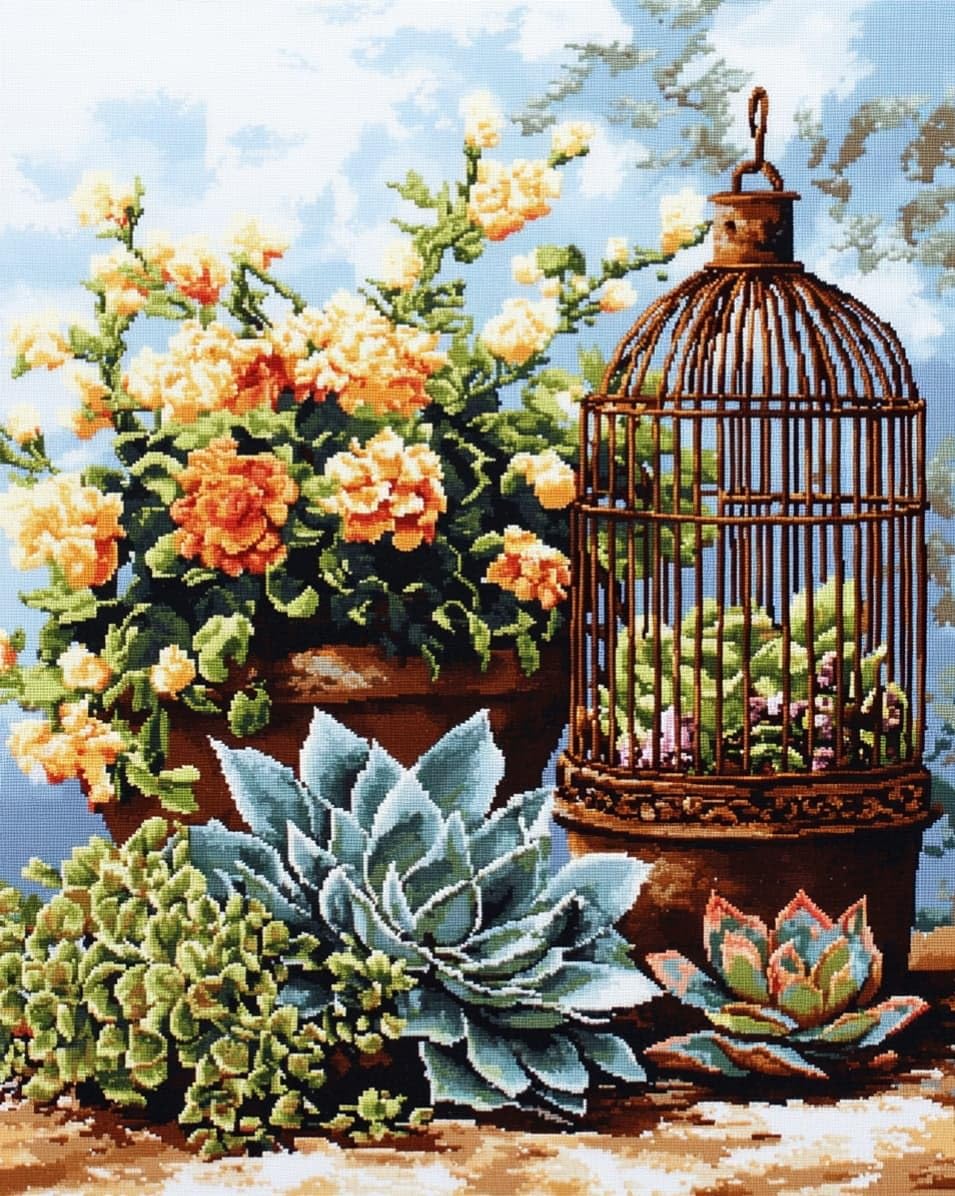 WallustrioaW DIY 11CT Stamped Cross Stitch Kits for Beginners,Succulents and birdcages,Easy Embroidery Counted Cross Stitch Art Craft for Wall Decoration,40x50cm