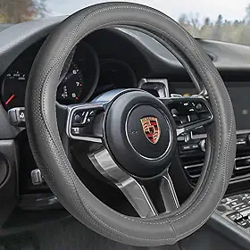 HAOKAY Capa de volante de couro genuíno cinza de para homens e mulheres, capa de volante de luxo para carros, SUVS e caminhões, universal 14,5-15 polegadas