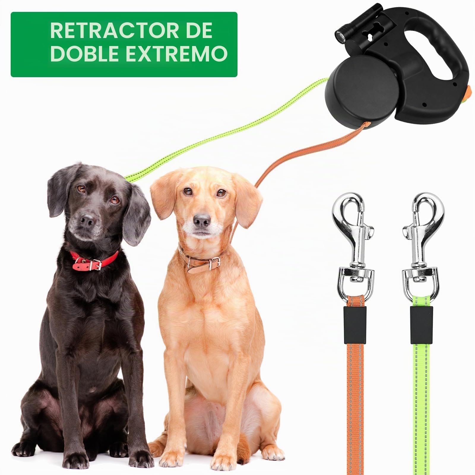 Correa doble para 2 perros - Correa automática para 2 perros, extensión de correa sin enredos de 360°, mango antideslizante, resistente. Incluye iluminación, cubos de basura y bolsas de basura