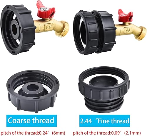 Miniatura 2 de Adaptador de tanque IBC de 275-330 galones, válvula de bolsa de rosca fina de 2.44 pulgadas + válvula de grifo de manguera de latón sin plomo,