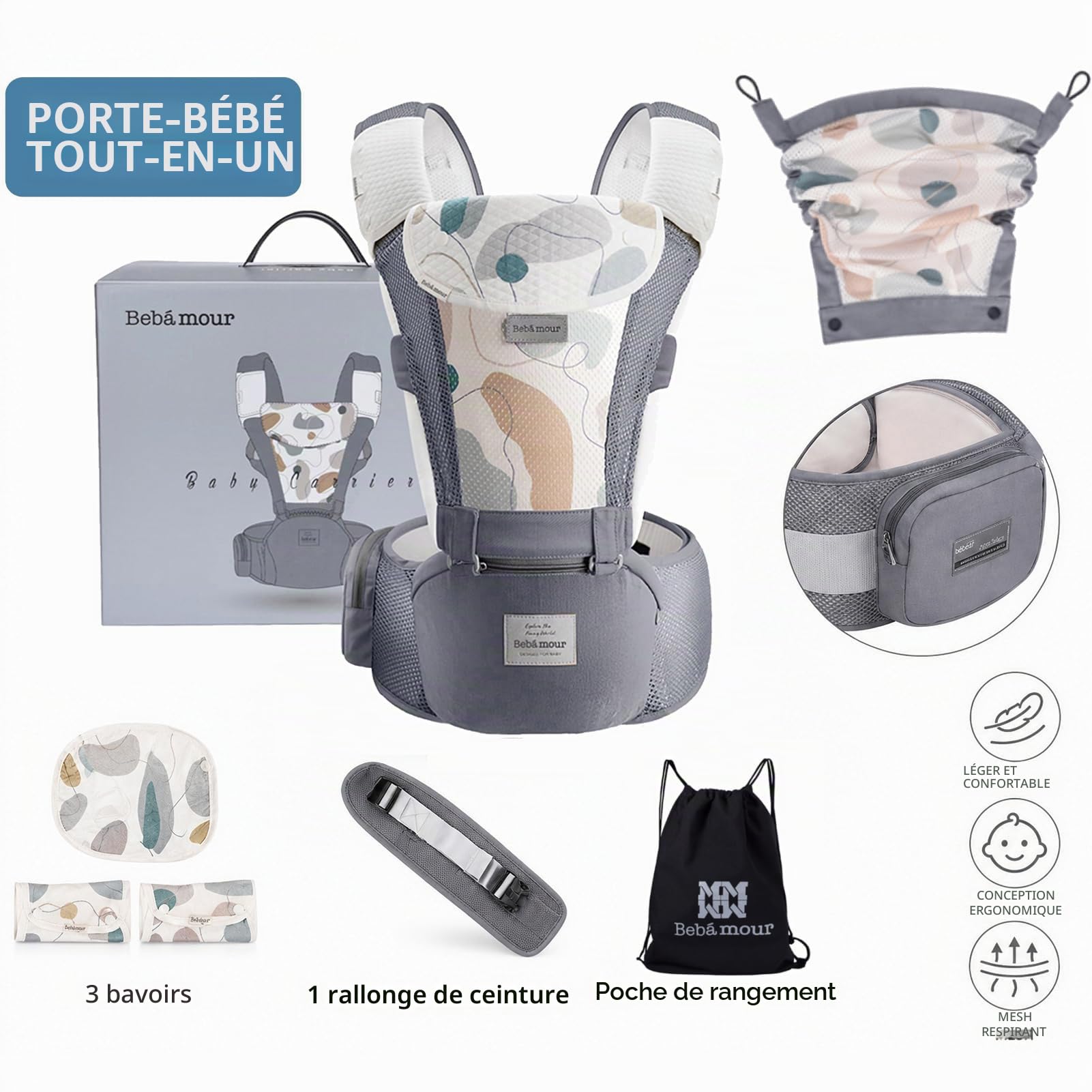 Bebamour Porte bébé Ergonomique Siège Hanche Coton Léger Respirant Multiposition Baby Carrier 0-36 Mois Gris 3D Air