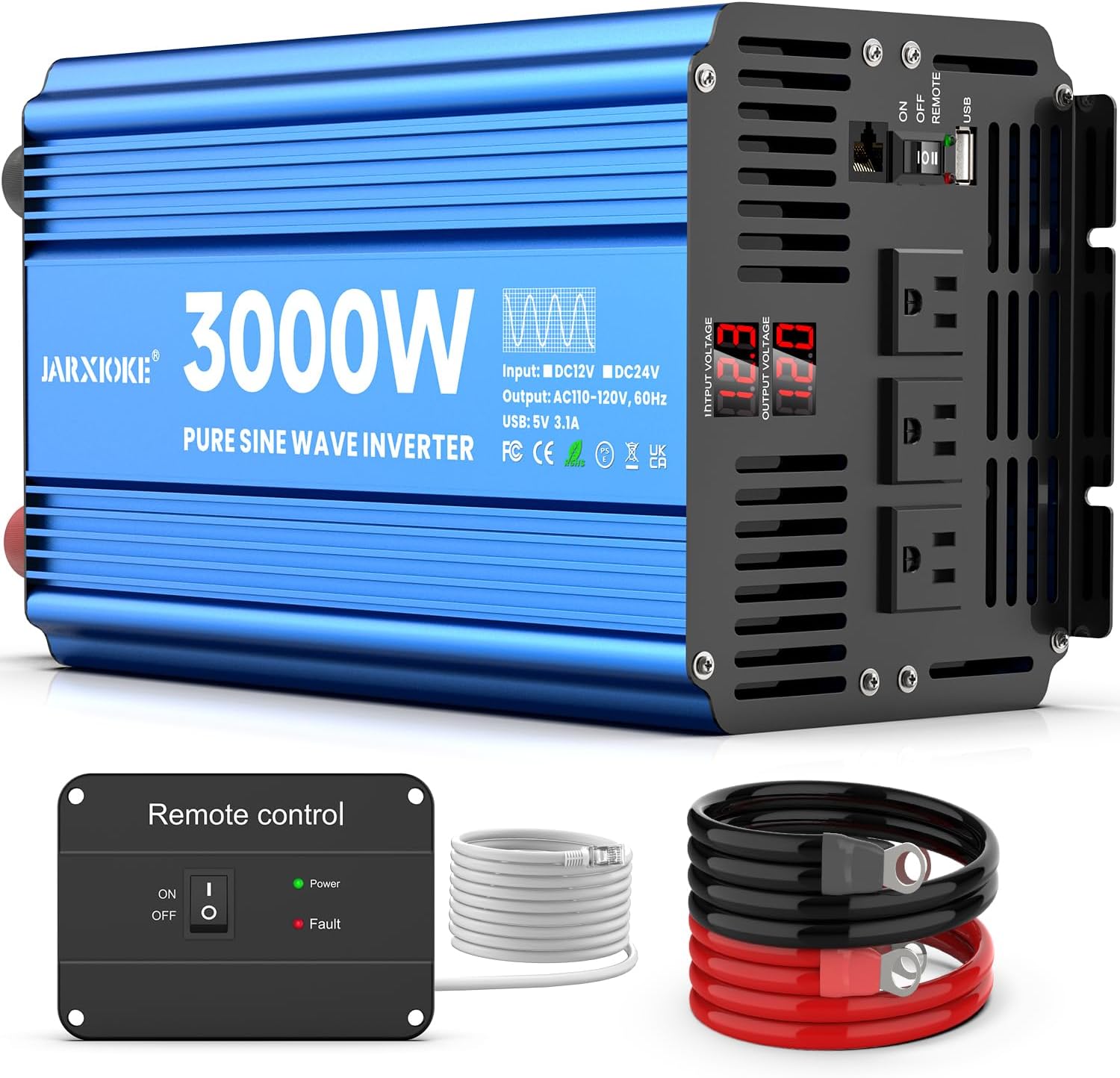 3000 Watt Pure Sine Wave Power Inverter 12V DC to 110V 120V Converter for Home, RV and Off-Grid Solar Systems with 3 AC Outlets, Dual USB Ports, LCD Display and Remote Control