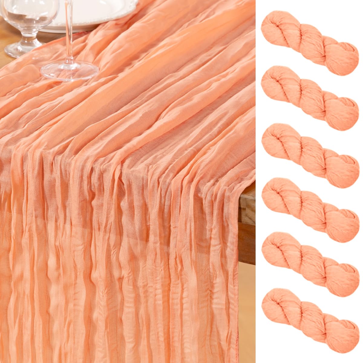DeZerlor Peach Cheesecloth Table Runner 6 Pack Summer Table Runners Boho Gauze 120 Inches Cheese Cloth Table Decor for Wedding Bridal Baby Shower Parties โ image 1